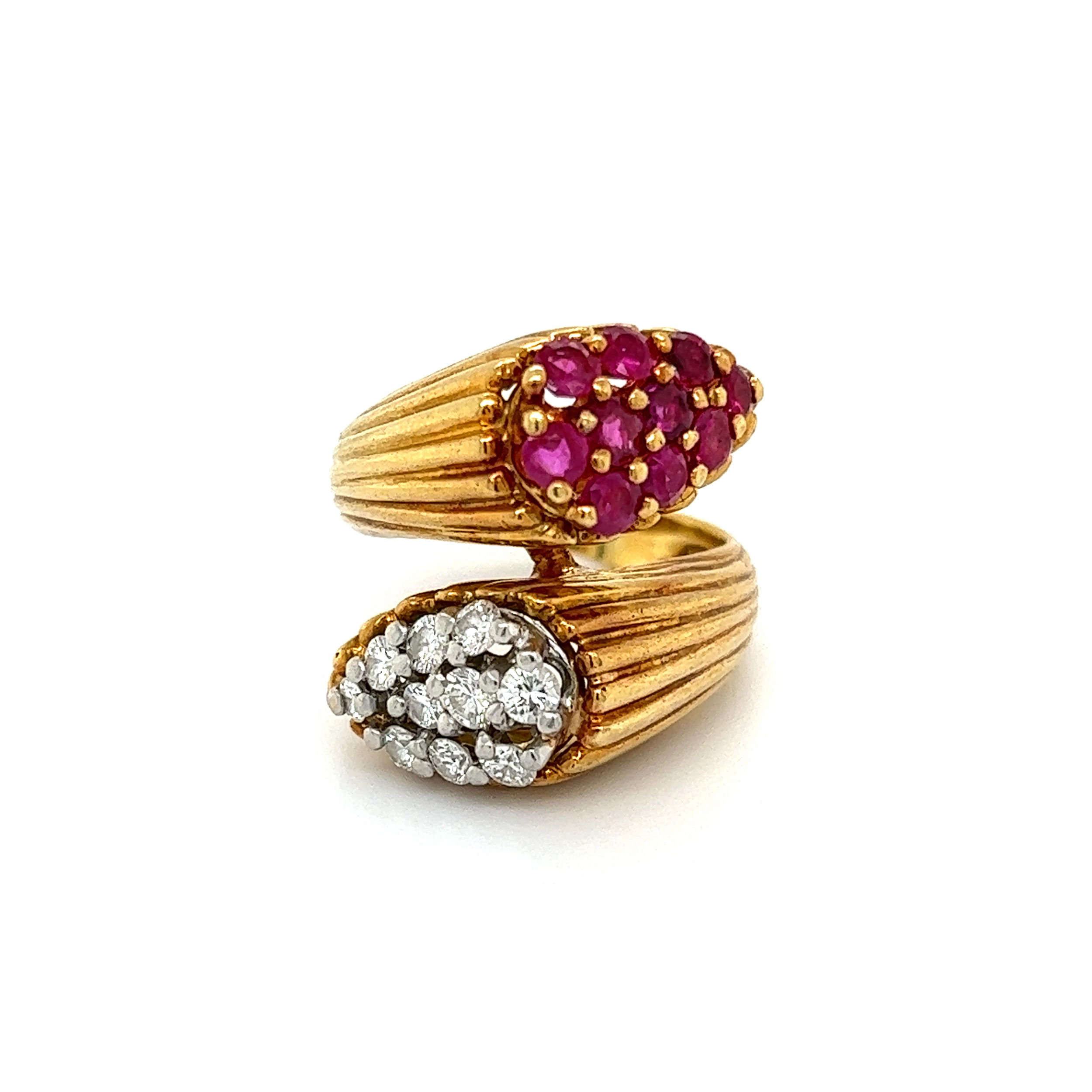 18K YG .40tcw Diamond & .90tcw Ruby Cluster Fluted Gold Bypass Ring 11.2g, s5.5