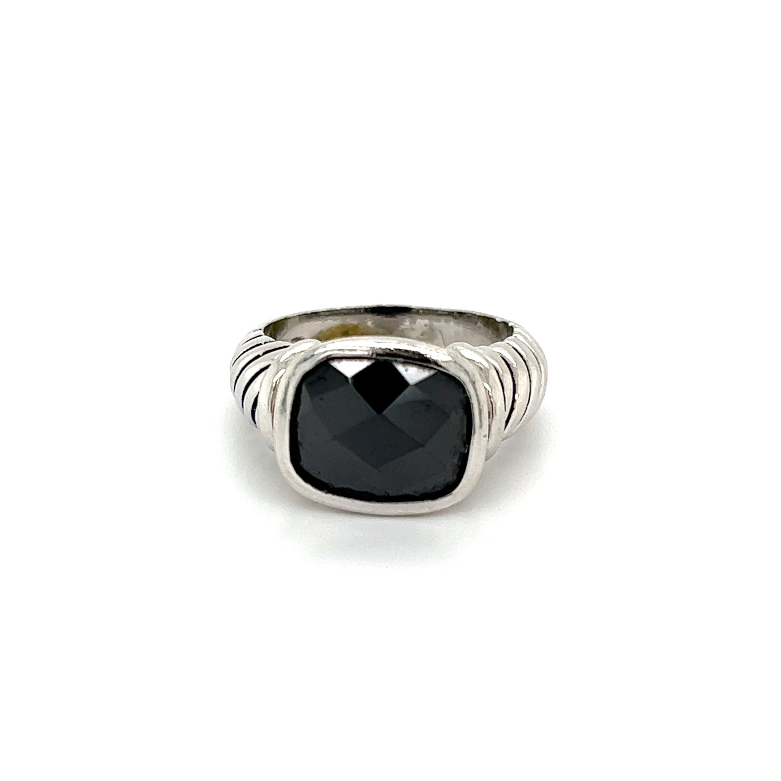 925 Sterling 6ct Black Spinel Bezel Set with Rope Band Ring 7.4g, s7