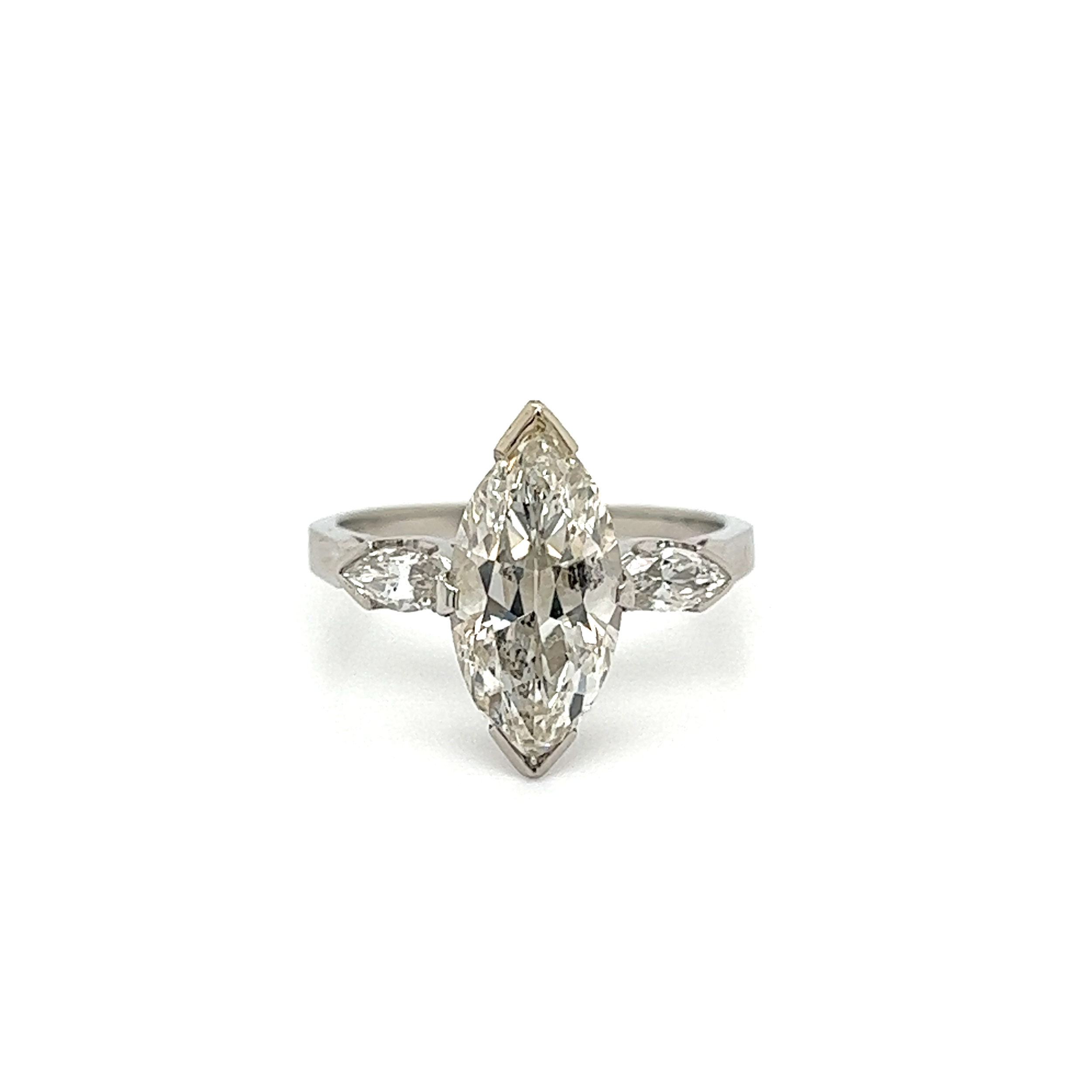 Platinum Art Deco 2.53ct Antique Marquis Diamond & 2 Marquis Side Diamond .30tcw Ring 4.4g, s6