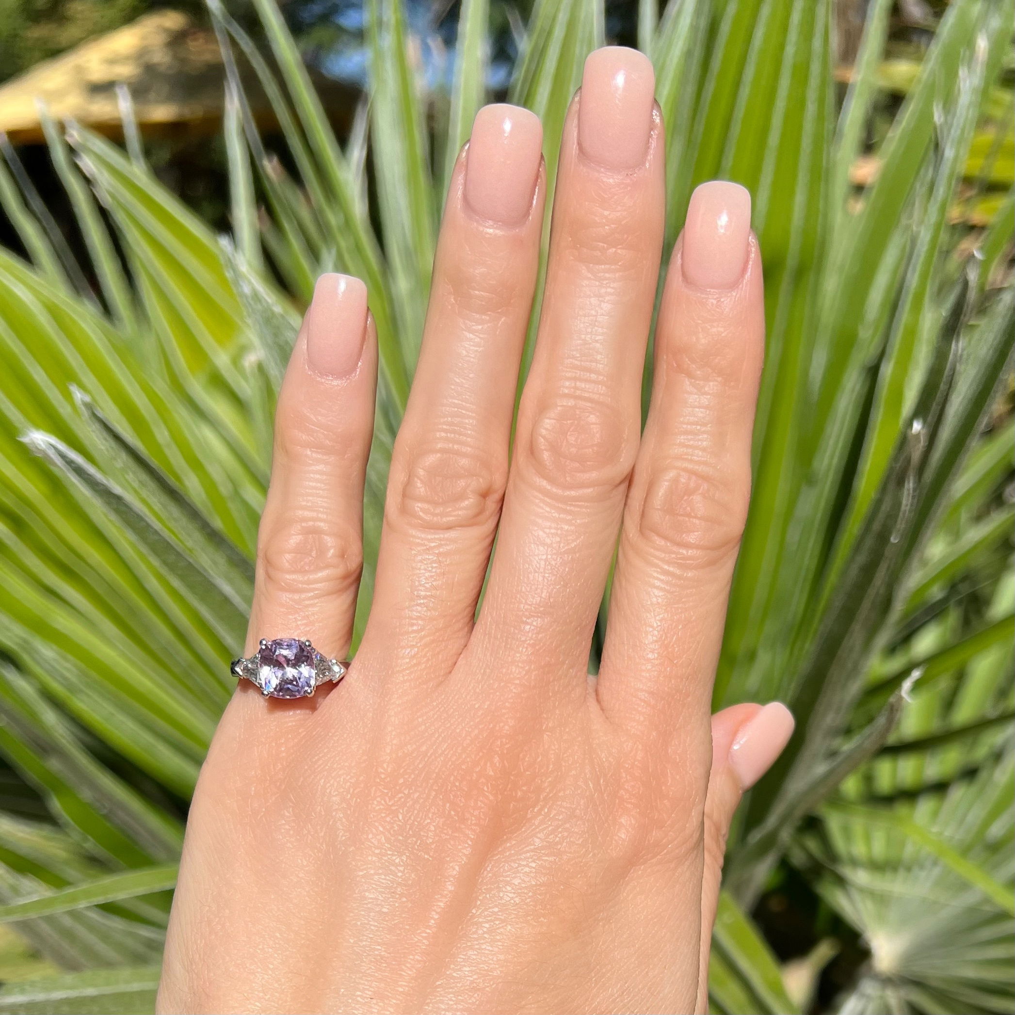 Platinum 3.08ct Cushion Purplish- Pink NO HEAT Spinel GIA & .64tcw Trillion Diamond Ring 6.2g, s5.5 Platinum 3.08ct Cushion Purplish- Pink NO HEAT Spinel GIA & .64tcw Trillion Diamond Ring 6.2g, s5.5