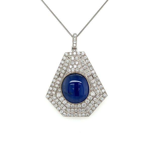 Closeup photo of 14K WG 12ct NO HEAT Cabochon Sapphire GIA & 2.85tcw RBC Diamond Angular Brooch Pendant 10.9g, 18" Platinum Chain