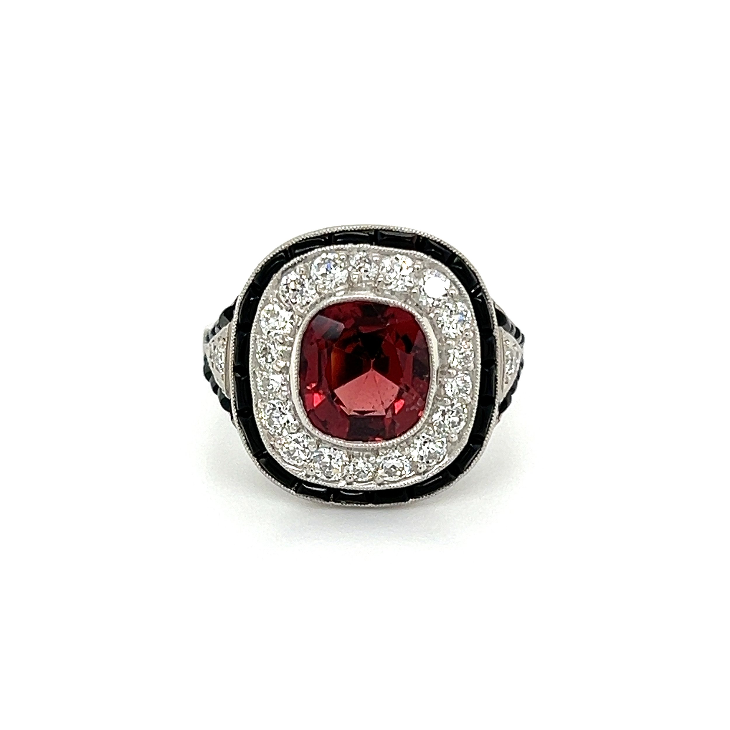 Platinum 2.51ct NO HEAT Orangy Red Spinel, .85tcw OEC Diamond & Onyx Ring 8.1g, s7.5
