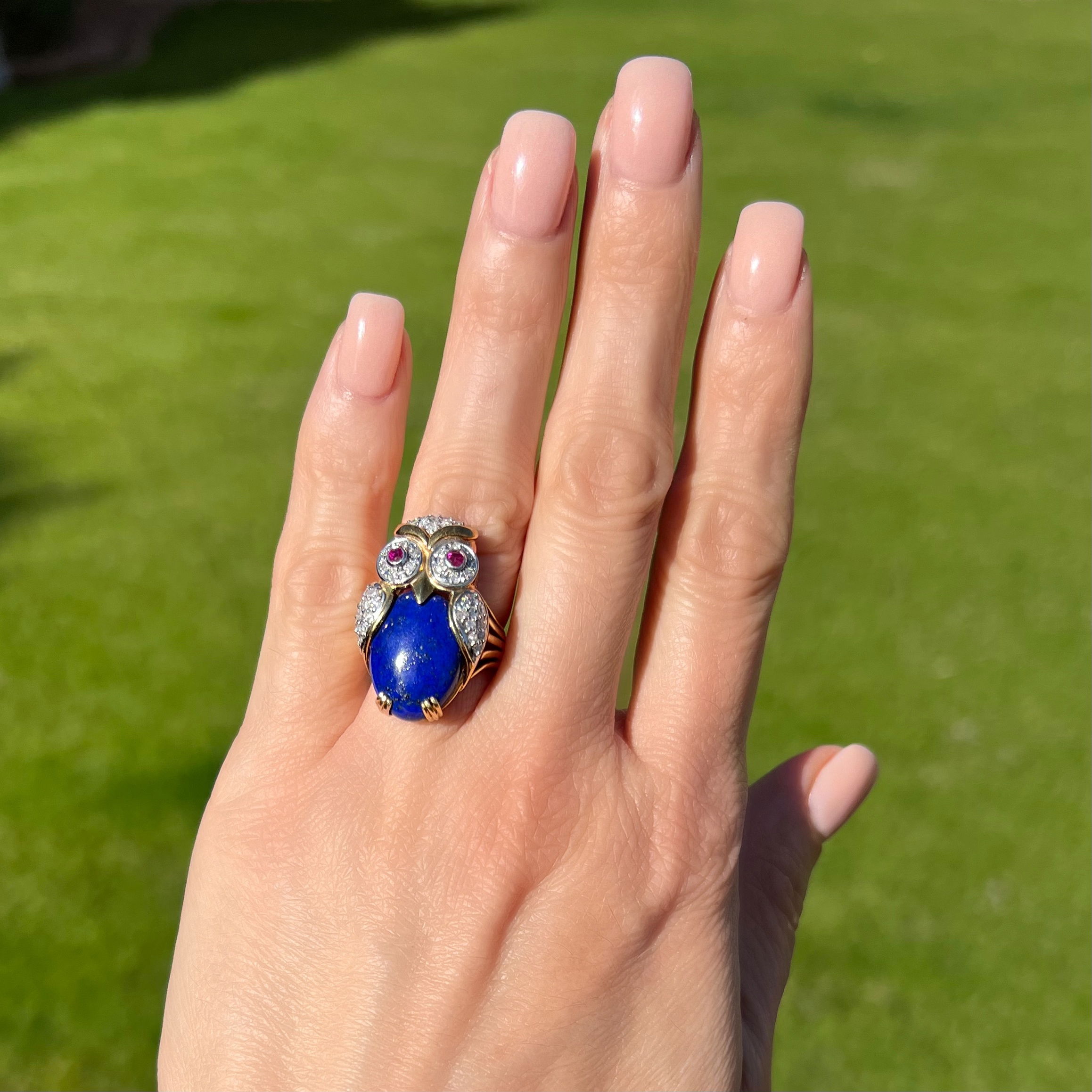 Platinum & 18K YG OWL Lapis, .50tcw Diamond & .17tcw Ruby Eye Ring 12.1g, s5.75