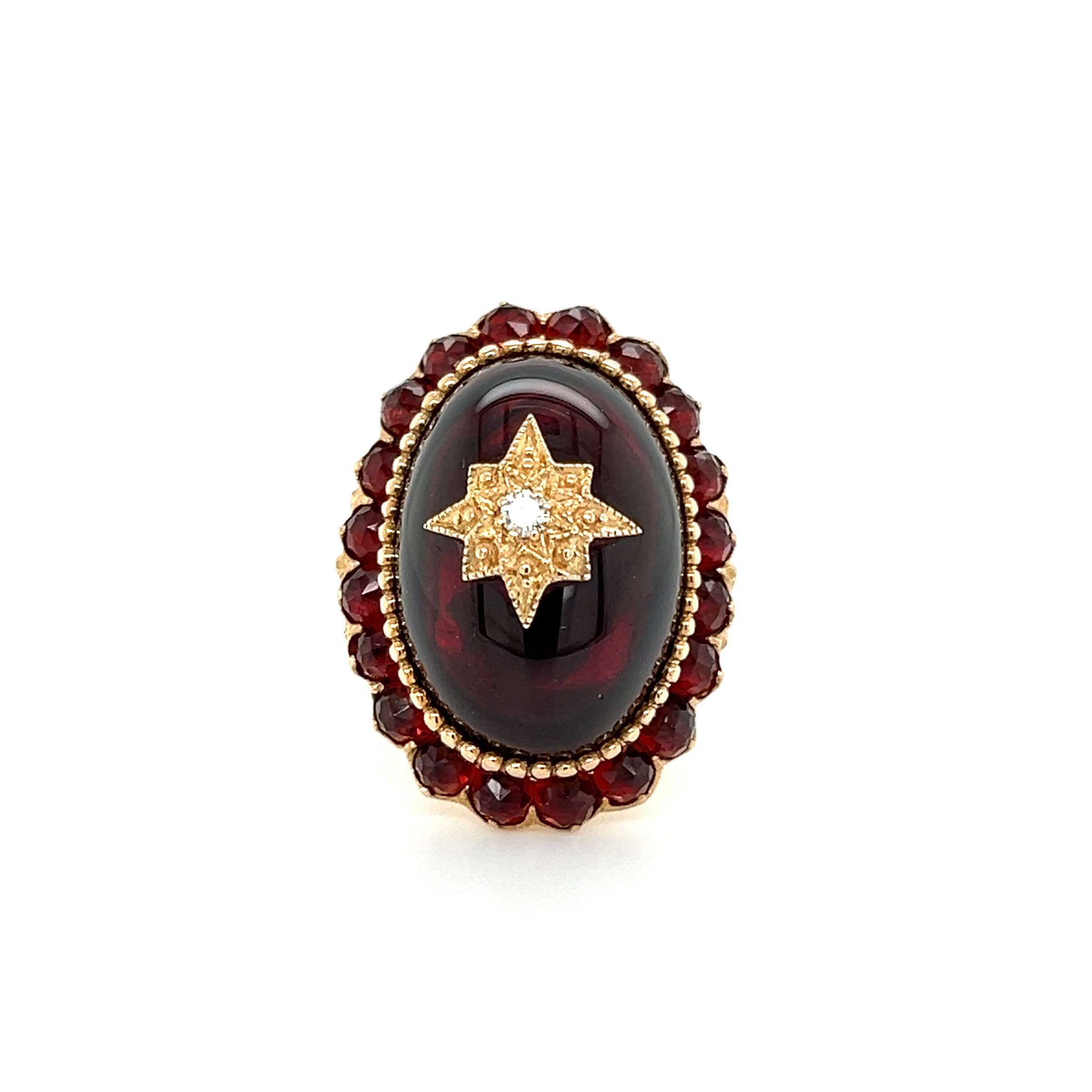 14K YG Bohemian 12tcw Garnet Cluster & .04ct Diamond Dome Ring 10.2g, s6.25