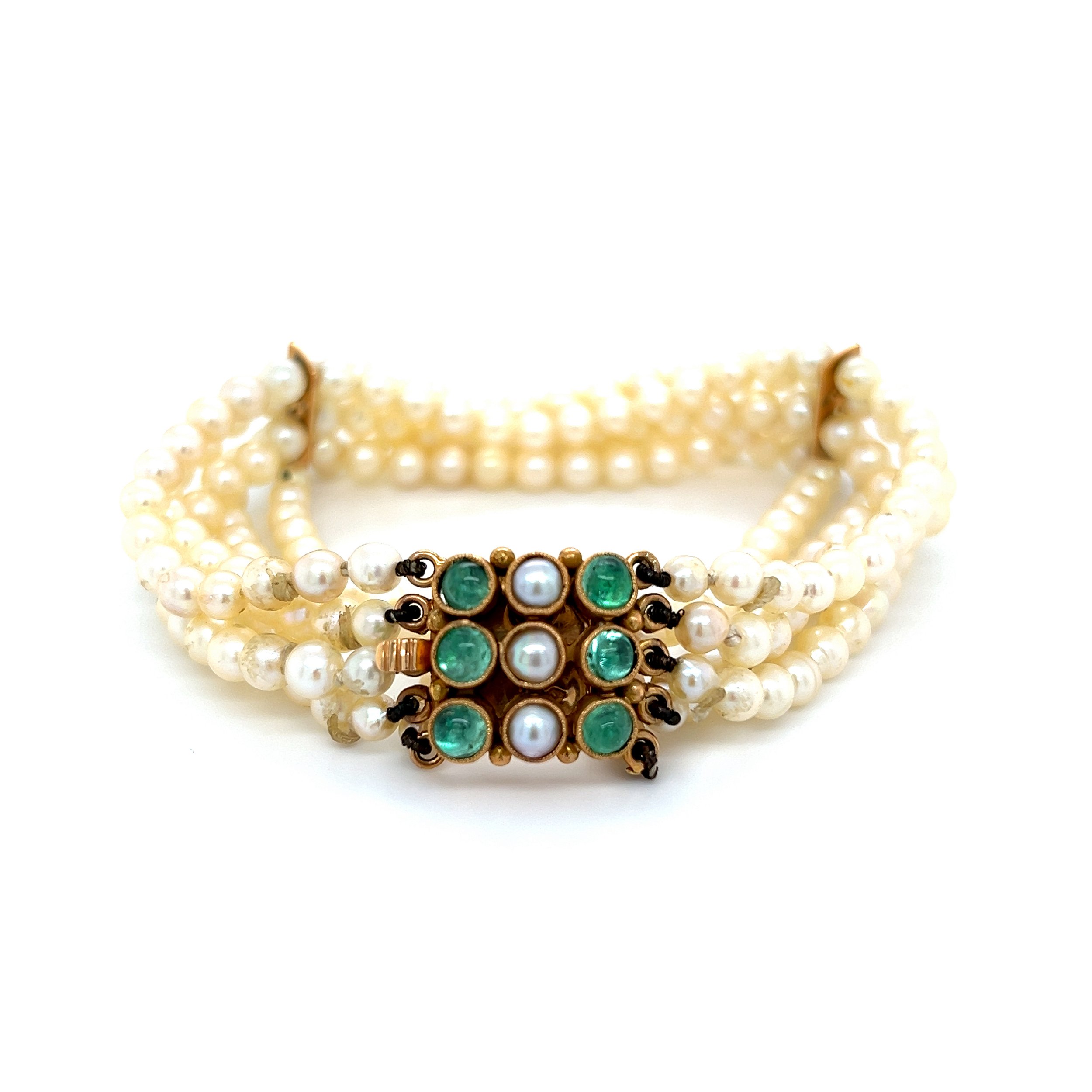 18K YG French 5 Strand 4.25mm Pearl Bracelet 1.40tcw Emerald & Pearl Clasp 26.4g, 7"
