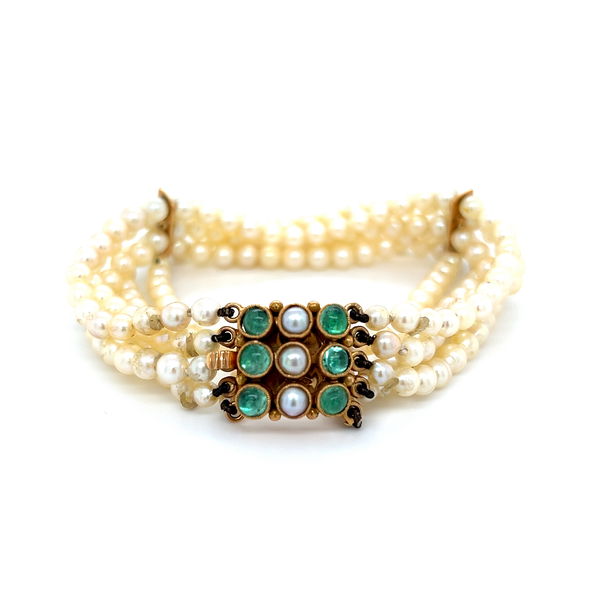 Closeup photo of 18K YG French 5 Strand 4.25mm Pearl Bracelet 1.40tcw Emerald & Pearl Clasp 26.4g, 7"