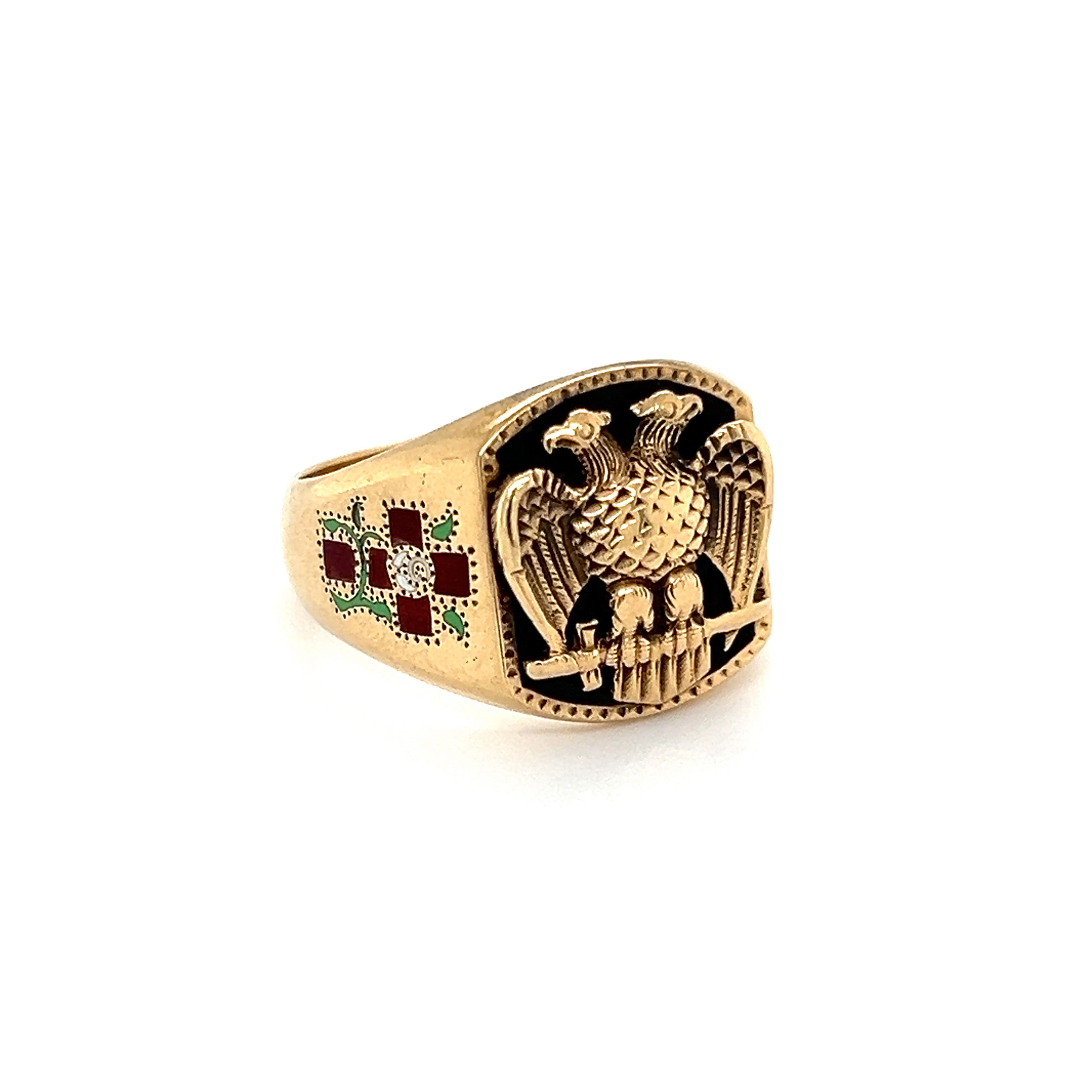 14K YG Double Headed Eagle on Onyx & Cross Masonic Cigar Band Ring 10.6g, s8