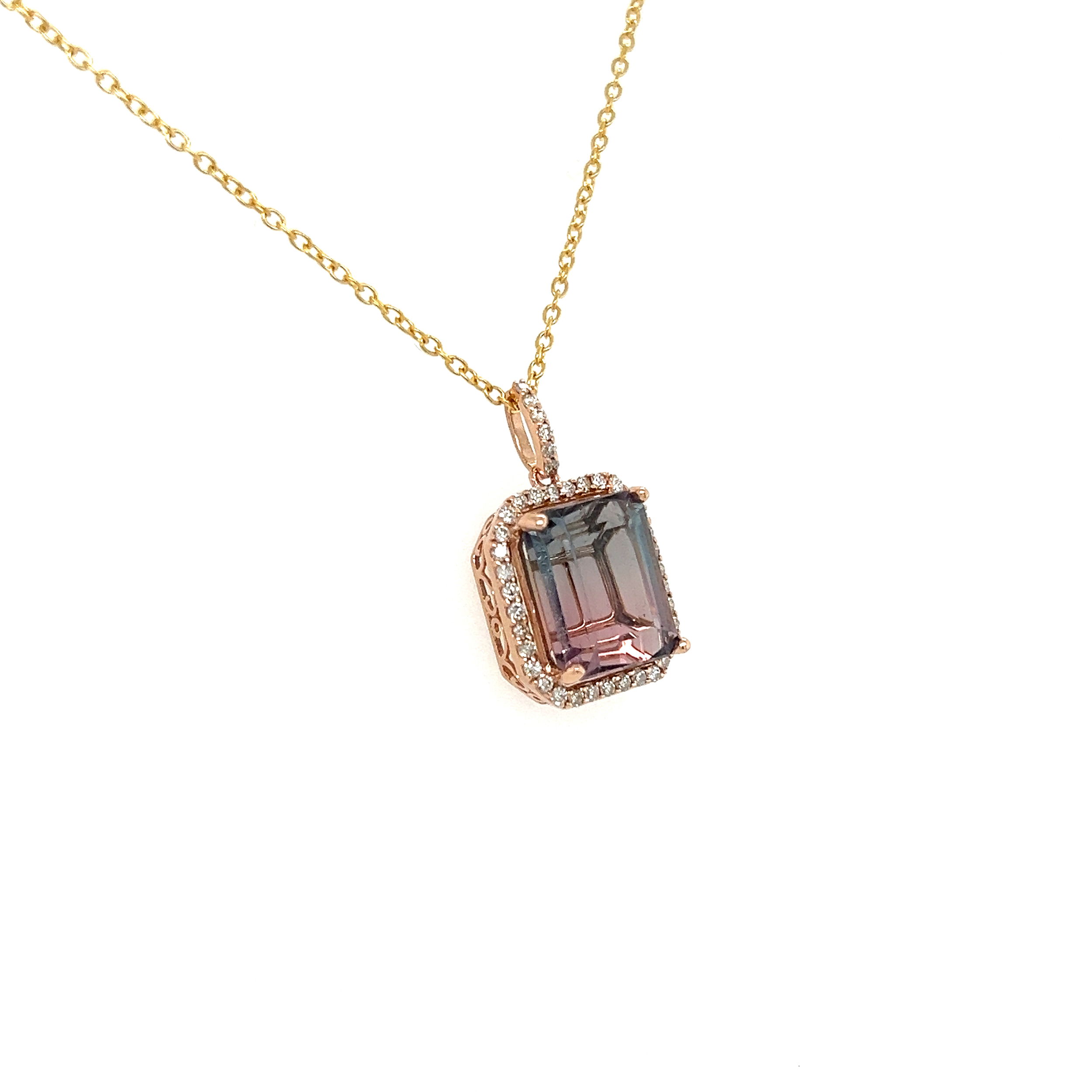 14K RG & YG 5.90ct Emerald Cut Bicolor Tourmaline & .25tcw Diamond Pendant Necklace 4.6g, 16"