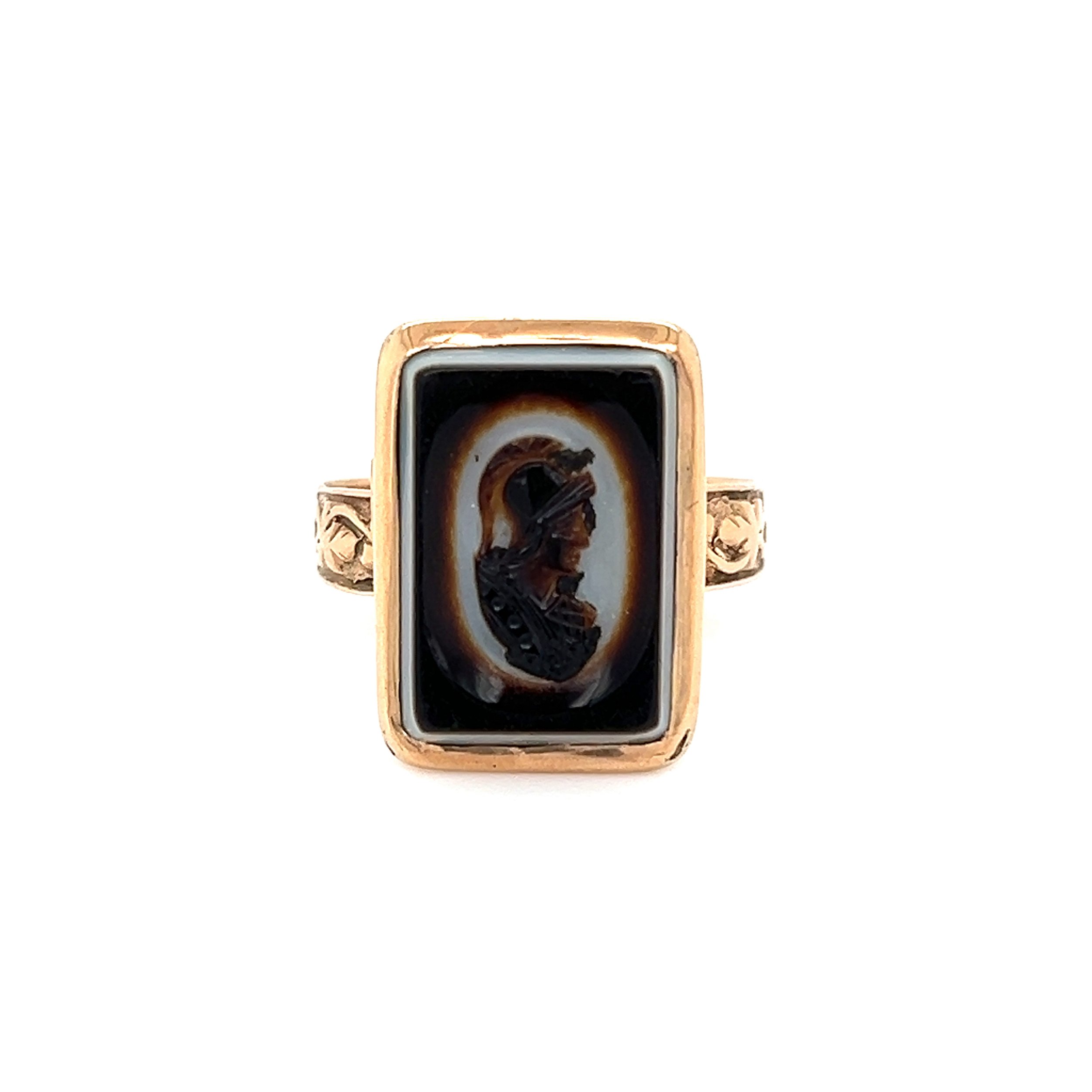 12K YG Victorian Carved Square Onyx Intaglio Ring 3.5g, s7.25