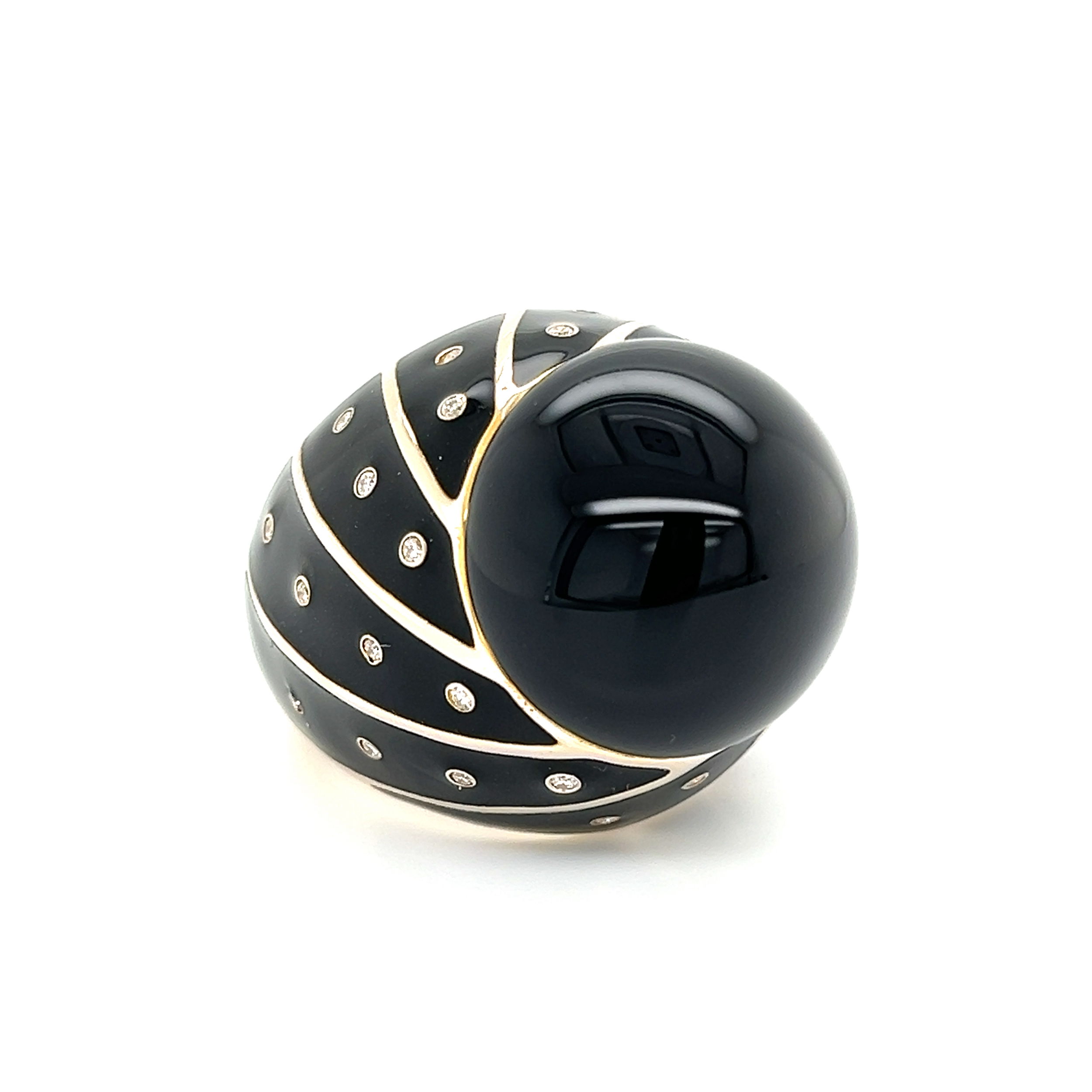 18K YG Italian Bombay Onyx, Black Enamel & .29tcw Diamond Ring 25.3g, s7.75