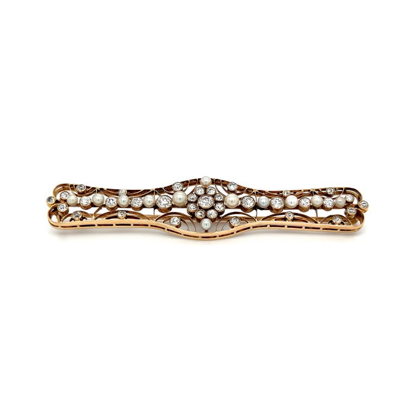 Closeup photo of 14K YG Victorian Fine 2.00tcw OEC Diamond & Pearl Open Weave Brooch 9.3g, 3"