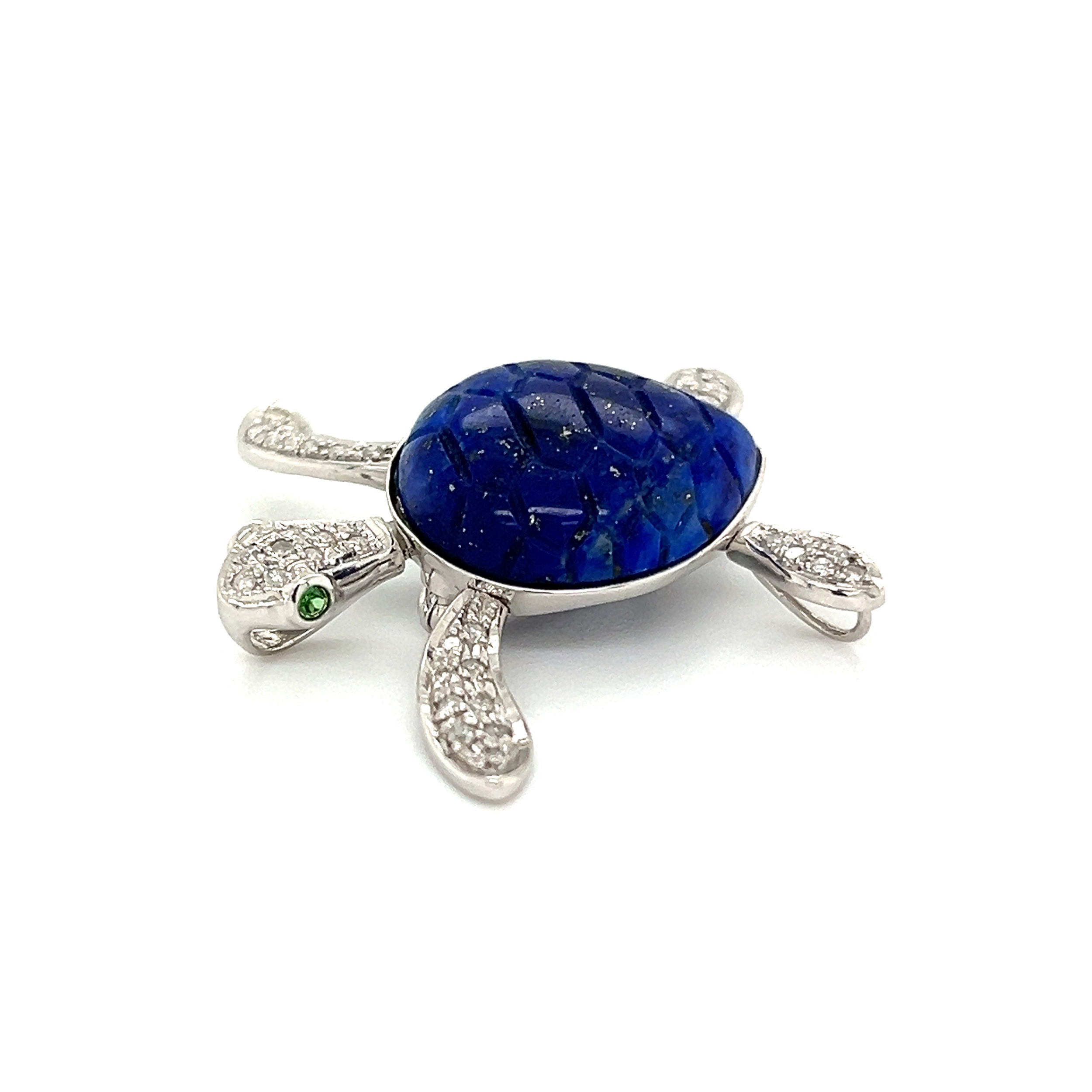 14K WG Carved Lapis, .37tcw Diamond & Tsavorite Articulating TURTLE Brooch Pendant 6.2g