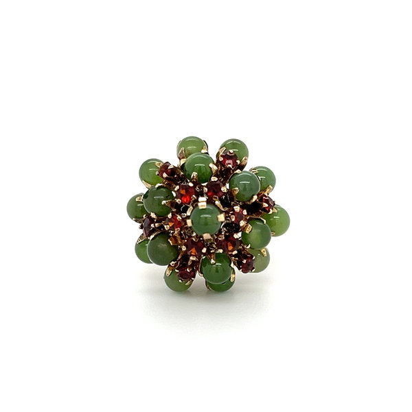 Closeup photo of 6K YG 1970's 1.70tcw Jade & .22tcw Garnet Cluster Dome Waterfall Ring 5.9g, s6.25