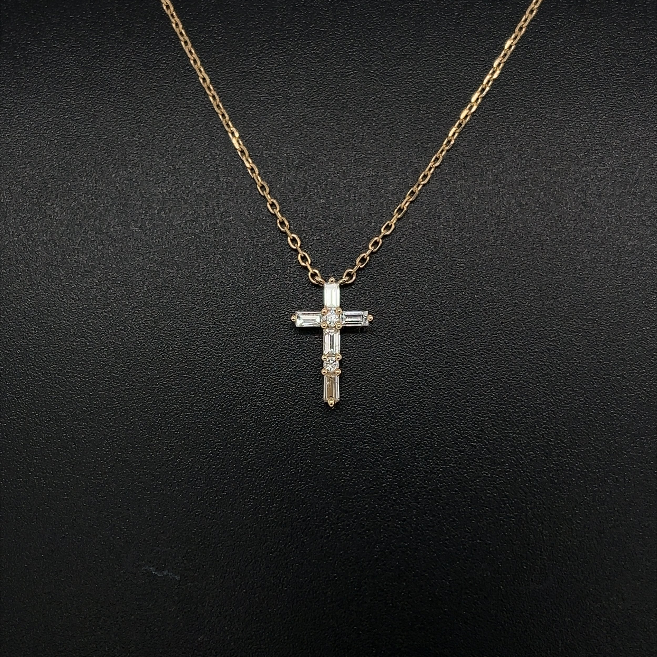 14K YG .25tcw 7 Baguette & Round Diamond Cross Pendant Necklace 1.8g, 18"