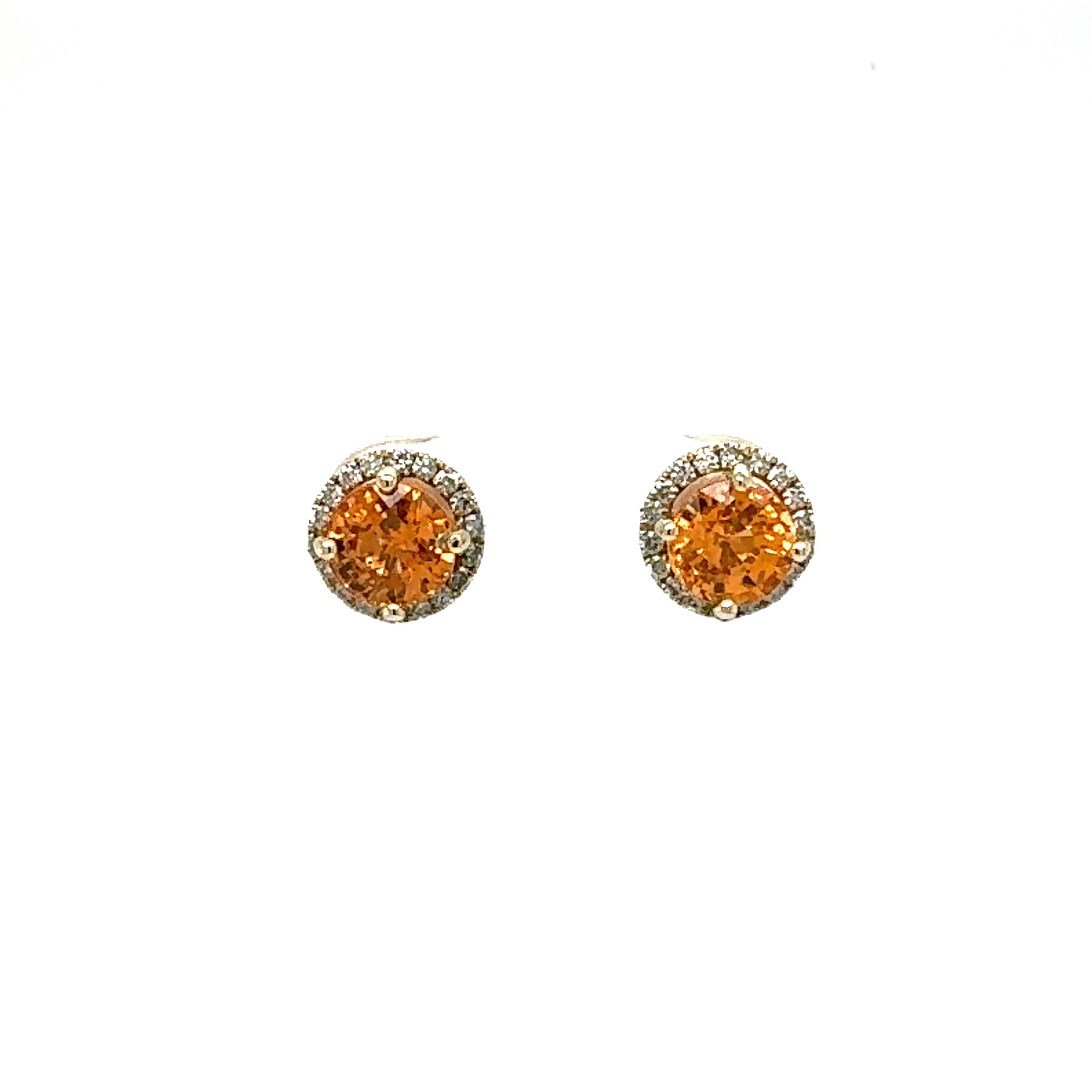 14K YG 3.26tcw Round Mandarin Garnet & .28tcw RBC Diamond Halo Stud Earrings 2.3g