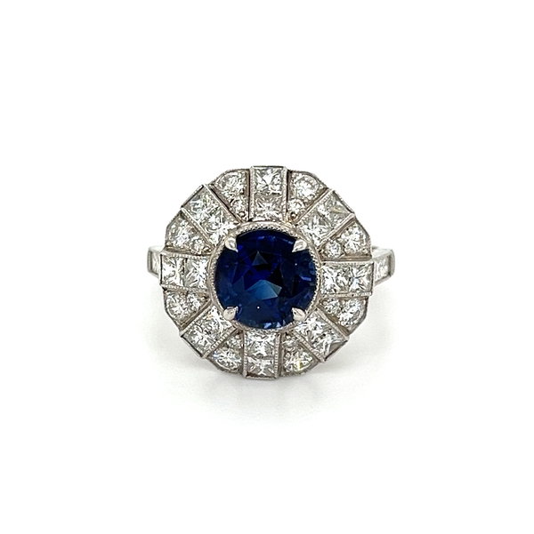Closeup photo of Platinum Art Deco Style 2.48ct Round Sapphire & 1.70tcw RBC and Square Diamond Ring 5.8g, s7.5