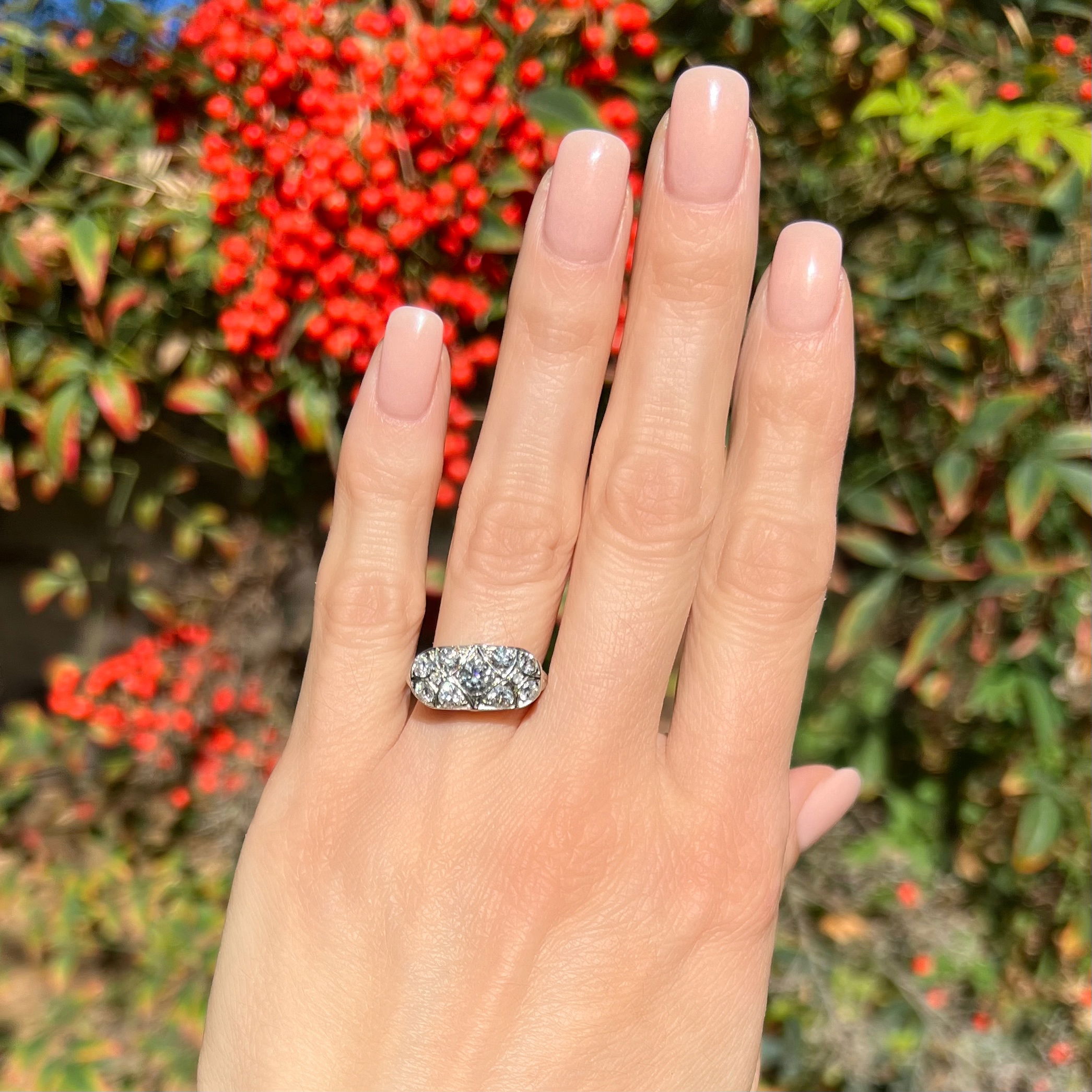This beautiful Palladium Art Deco .35ct OEC diamond and .90tcw OEC diamond cluster bar ring is sure to dazzle and amaze the lucky person who wears it! It features a .35ct OEC diamond as the center stone which is surrounded by a cluster of .90tcw OEC diamonds for extra sparkle. The ring is crafted from palladium and weighs 3.4 grams. It is a size 6.5 and is from an estate collection. This ring is sure to make an impact with its timeless and elegant design! Palladium Art Deco .35ct OEC Diamond & .90tcw OEC Diamond Cluster Bar Ring 3.4g, s6.5