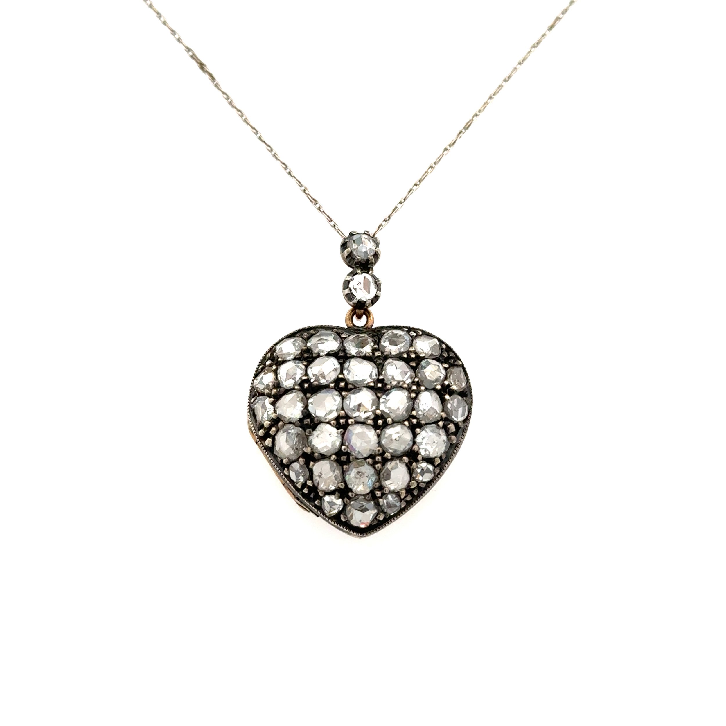 925 Sterling & 18K Victorian 2.50tcw Rose Cut Diamond Heart Pendant Necklace 6.0g, 18"