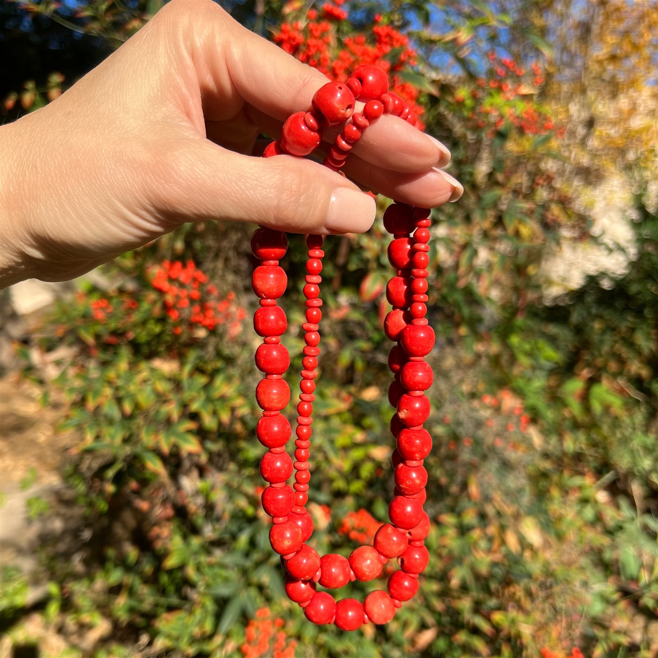 Natural Red Italian Coral Bead Necklace 12-5mm Strand 91.5g, 28"