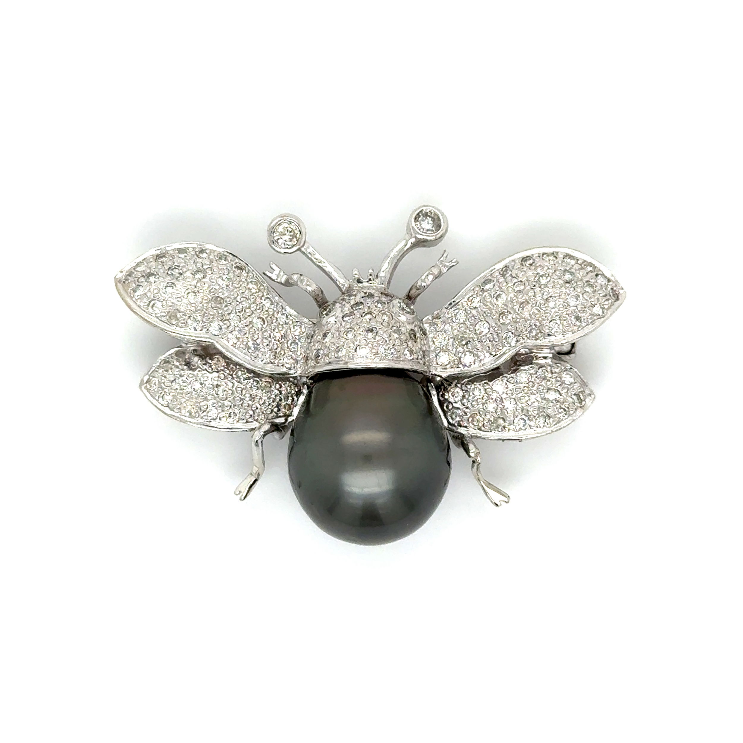 14K WG 1.00tcw RBC Diamond & Tahitian Pearl BEE Brooch 13.5g