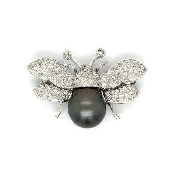 Closeup photo of 14K WG 1.00tcw RBC Diamond & Tahitian Pearl BEE Brooch 13.5g