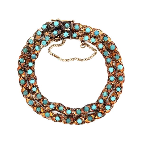Closeup photo of 14K RG Victorian Double Row Turquoise Half Bead Bracelet 19.9g, 7"