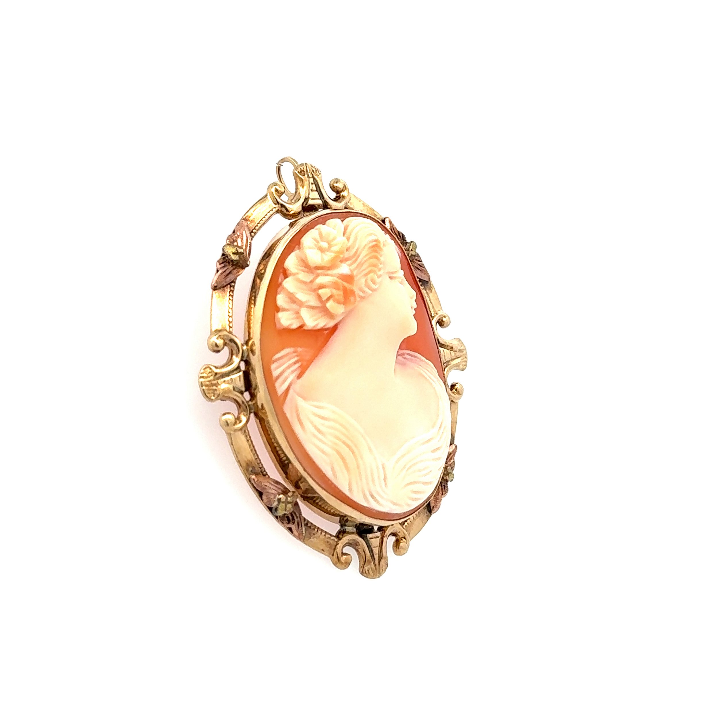 10K 2tone Victorian Revival Carved Lady Shell Cameo Brooch Pendant 11.0g, 1.9"
