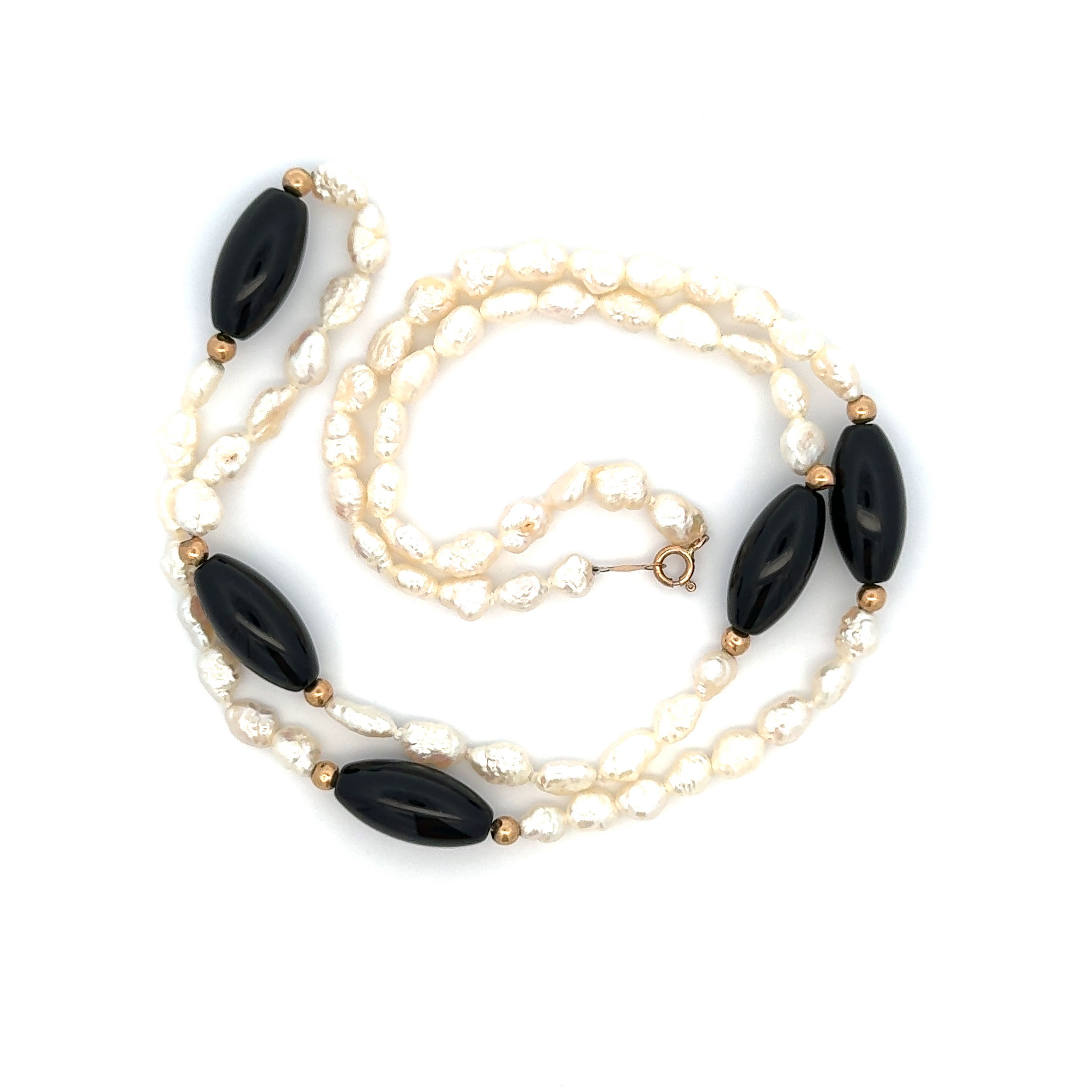 14K YG Freshwater Pearl, Oval Onyx & Gold Bead Necklace 14.5g, 20"