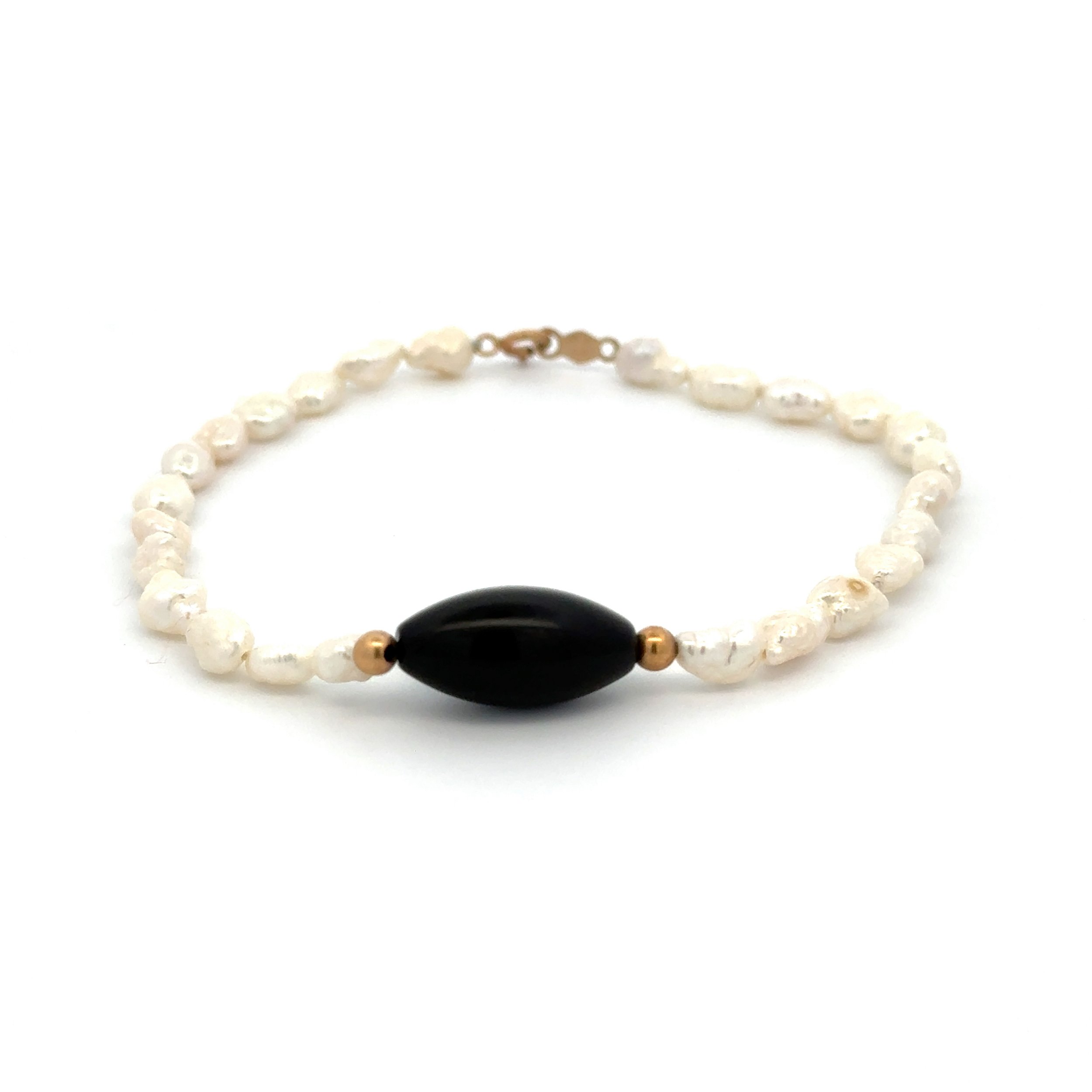 14K YG Freshwater Pearl, Oval Onyx & Gold Bead Bracelet 4.4g, 7"