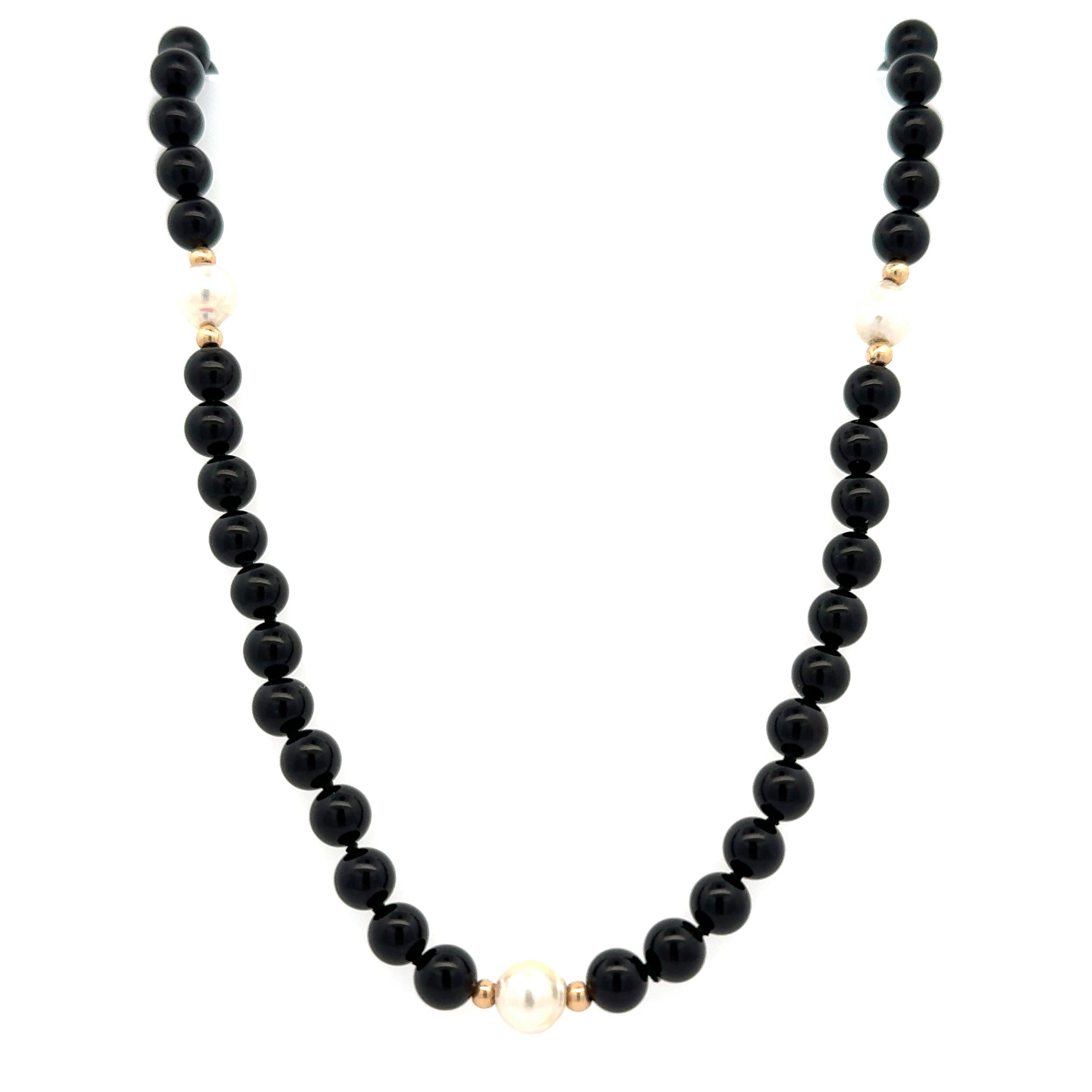 14K YG 6mm Onyx, 7mm Freshwater Pearl & Gold Bead Necklace 22.5g, 19"