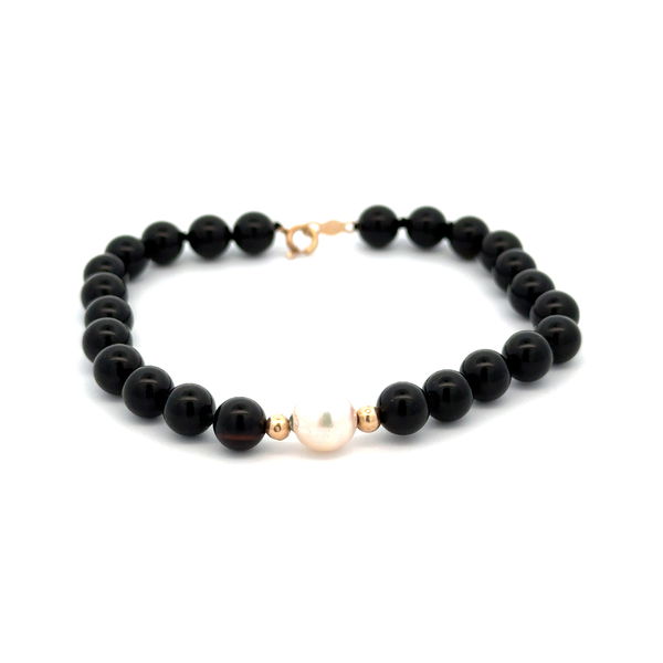 Closeup photo of 14K YG 6mm Onyx, 6.5mm Freshwater Pearl & Gold Bead Bracelet 6.8g, 7"