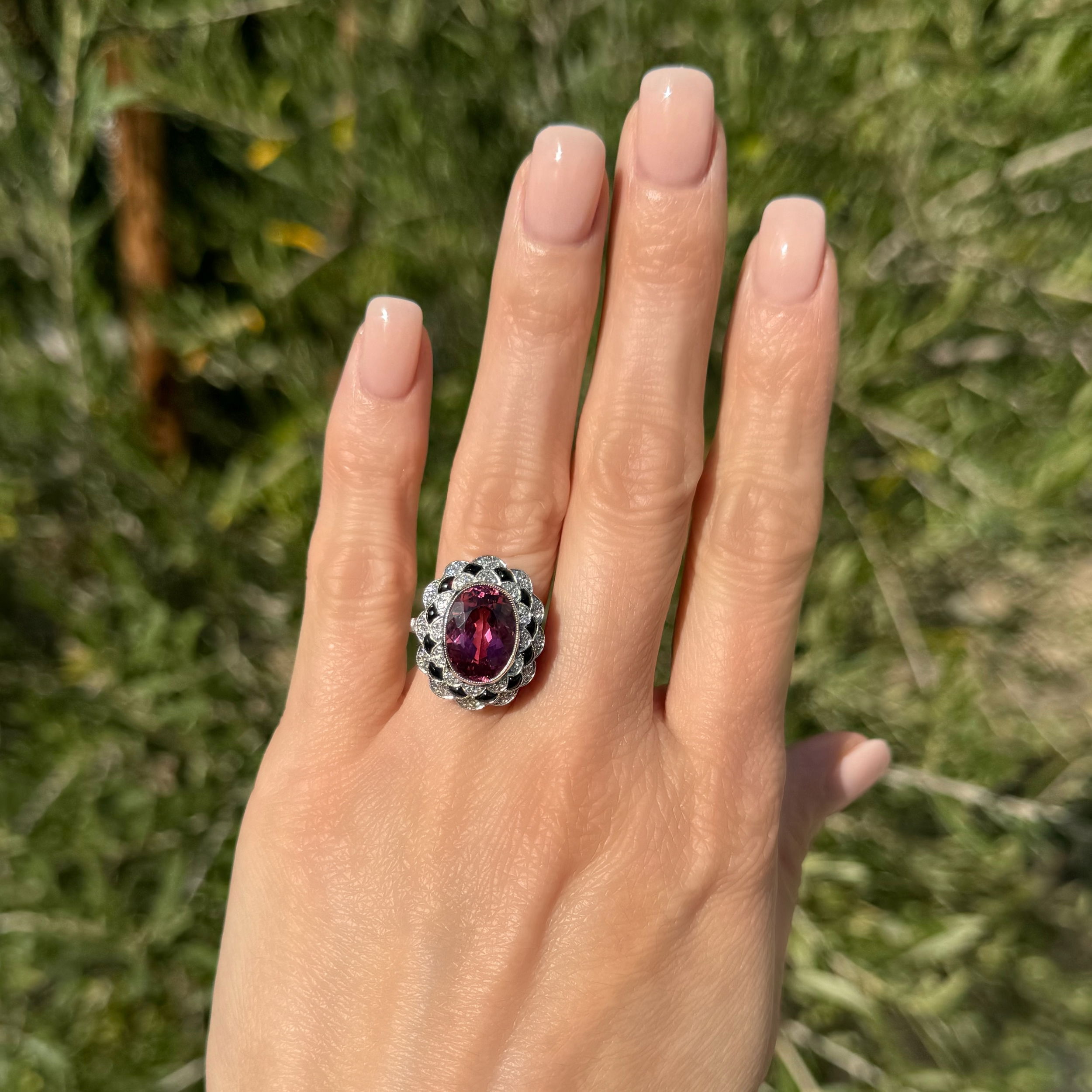 Platinum 5.99ct Oval Rubellite Tourmaline, Buff-Top Onyx & OEC Diamond Ring 8.7g, s6.75