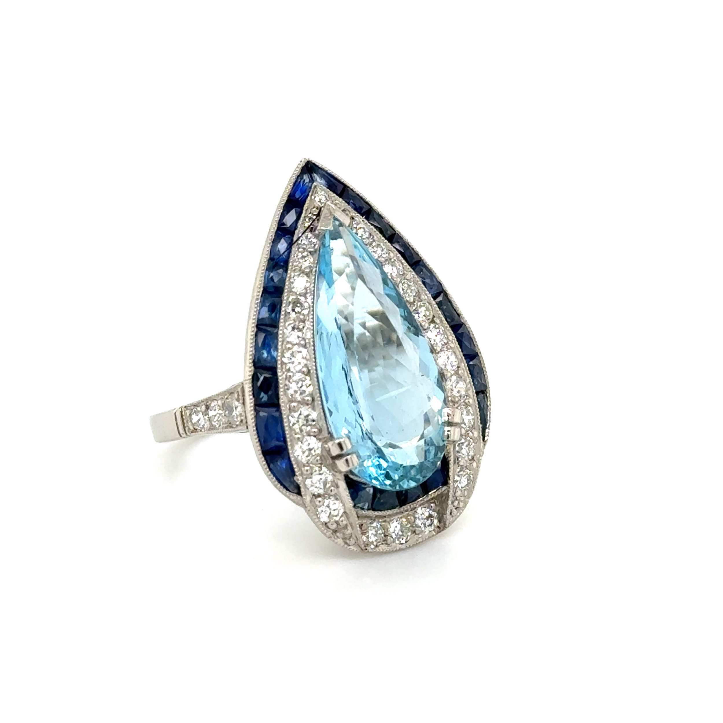Platinum 3.80ct Pear Aquamarine, .64tcw OEC Diamond & 2.24tcw Sapphire Ring 8.0g, s6.5