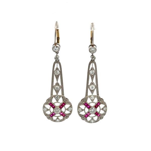 Closeup photo of Platinum 1.15tcw OEC & RBC Diamond & .75tcw Ruby Drop Earrings 7.4g, 1.75"