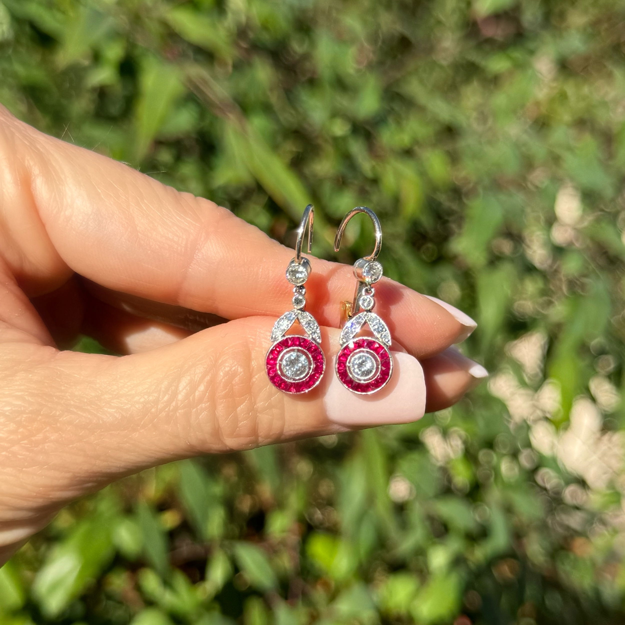 Platinum .40tcw RBC Diamond, 1.40tcw Ruby Halo & .35tcw Side Diamond Drop Earrings 5.6g