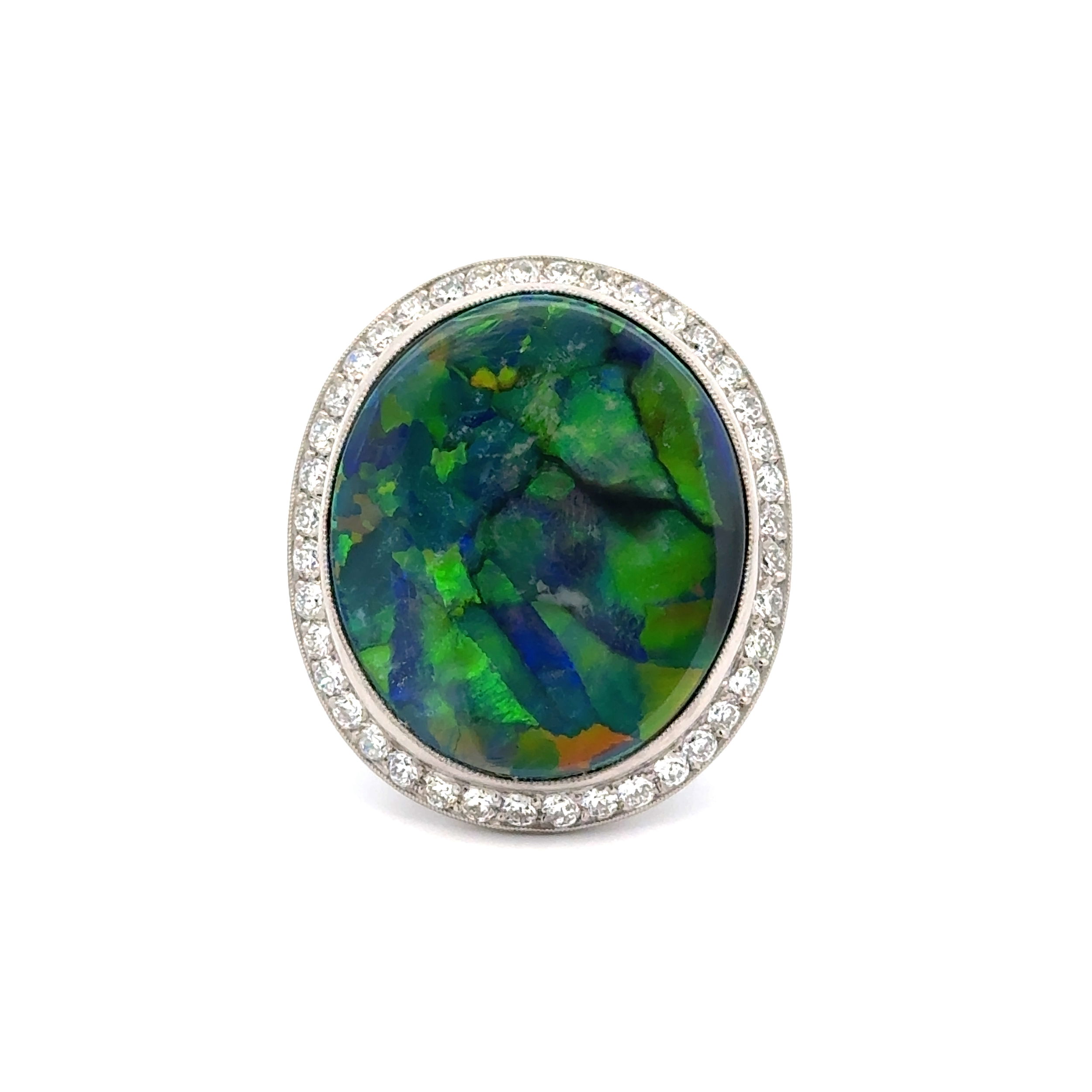 Platinum 15.41ct Oval Australian Lightning Ridge Black Opal & 1.15tcw OEC Diamond Ring 12.7g, s7.25
