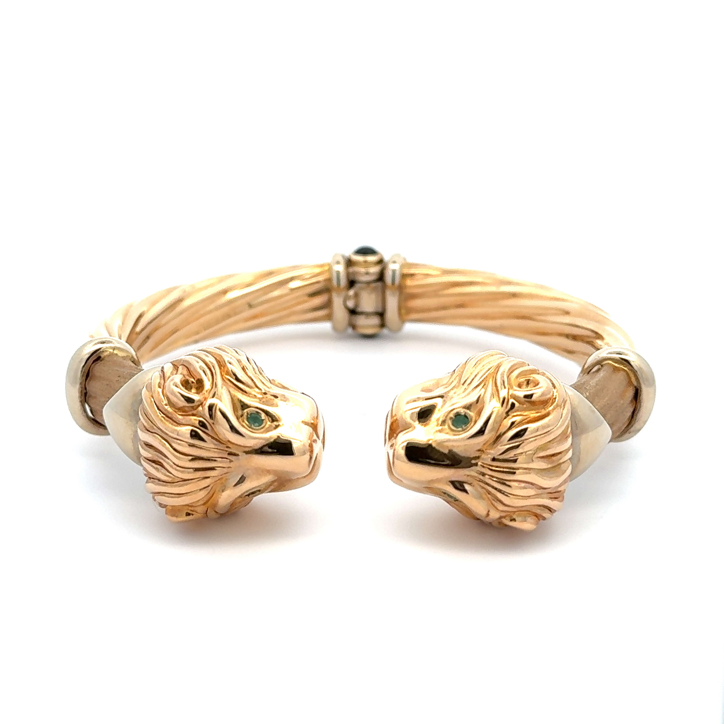 14K YG 1970's Double Lion Head Spring Hinged Bangle Bracelet 30.6g