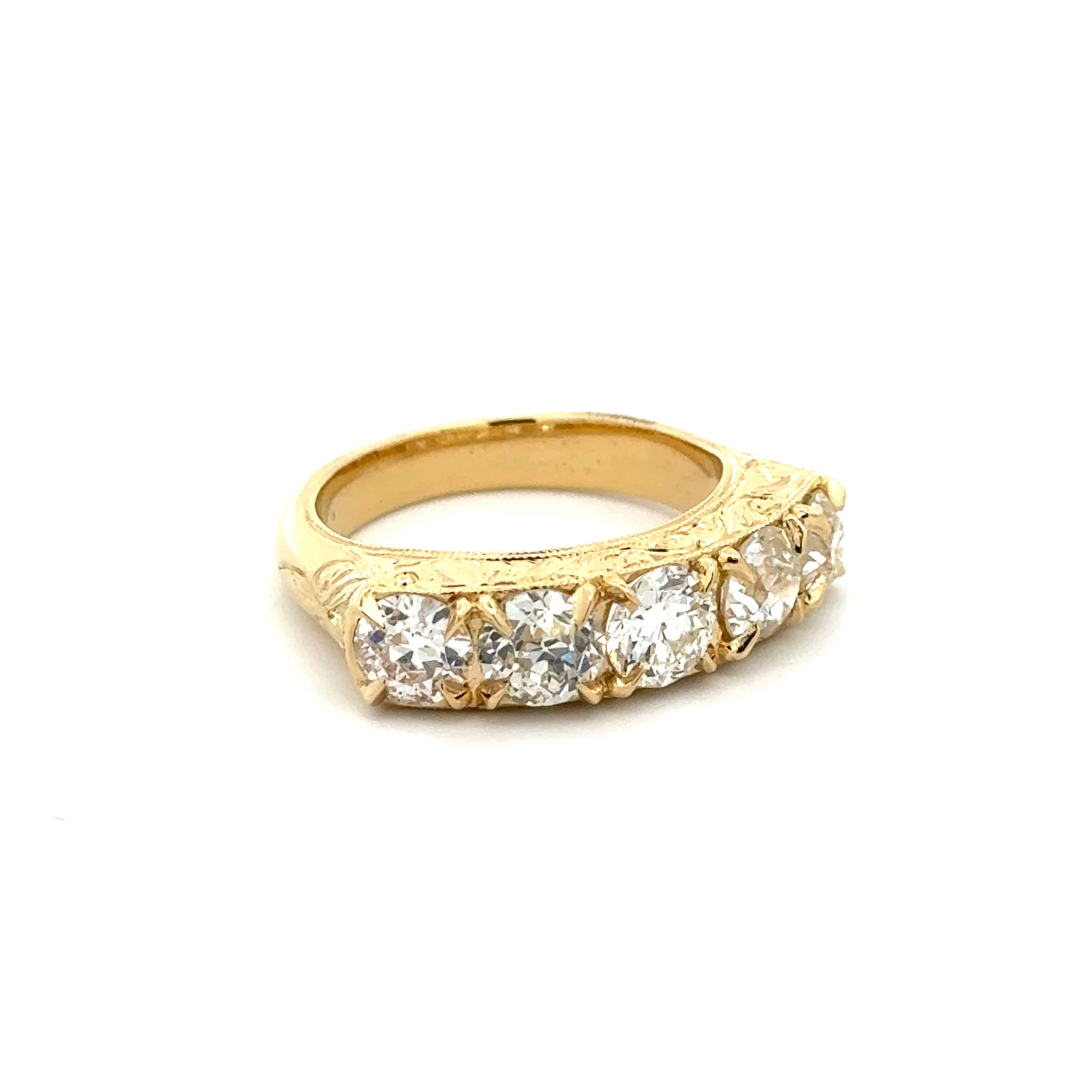 18K YG 5 Stone 2.57tcw Diamond 5.7mm Band Engraved Ring 8.4g, s6.5 18K YG 5 Stone 2.57tcw Diamond 5.7mm Band Engraved Ring 8.4g, s6.5