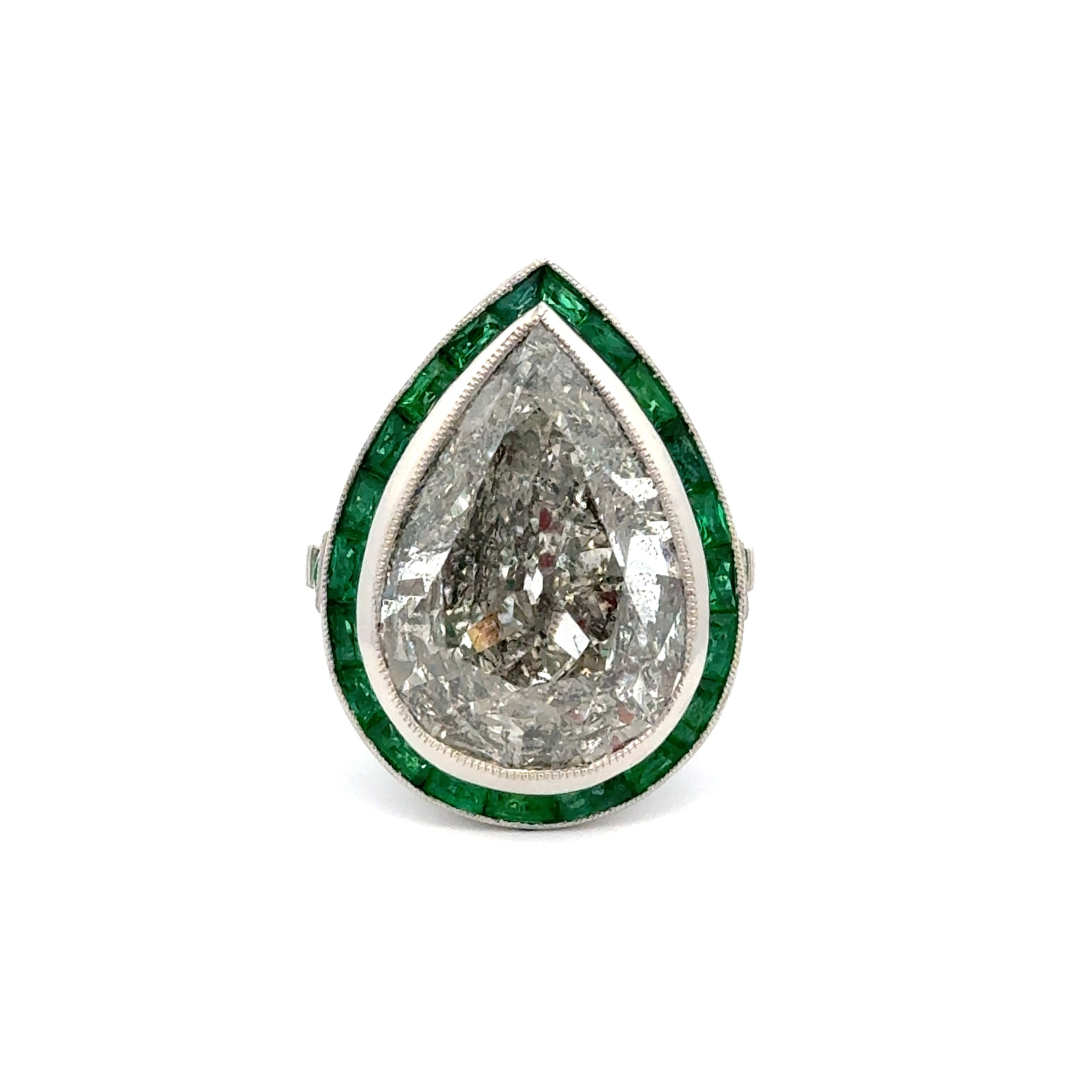 Platinum 9.12ct Antique Pear Diamond & 1.67tcw Emerald Filigree Milgrain Ring 8.3g, s7
