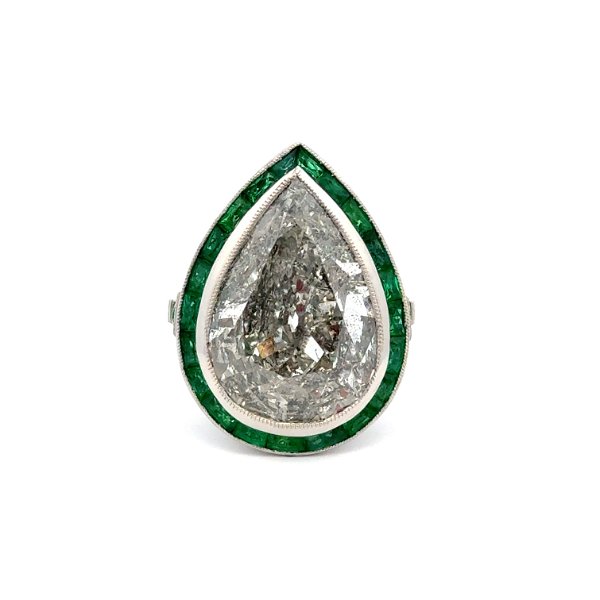 Closeup photo of Platinum 9.12ct Antique Pear Diamond & 1.67tcw Emerald Filigree Milgrain Ring 8.3g, s7
