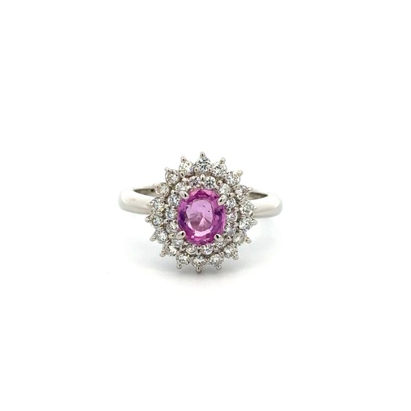 Closeup photo of Platinum 1.01ct Oval Pink Sapphire & .50tcw RBC Diamond Double Halo Ring 7.1g, s5.75