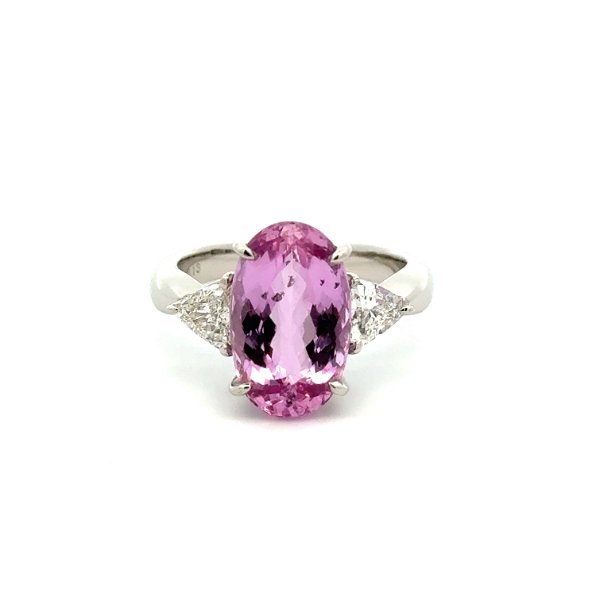 Closeup photo of Platinum 6.13ct Long Oval Imperial Pink Topaz & .70tcw Trillion Diamond Ring 8.7g, s6.75