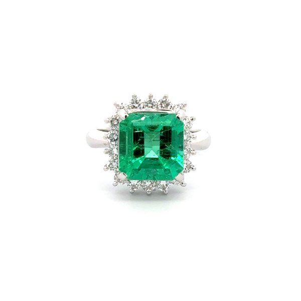 Closeup photo of Platinum 3.74ct Emerald Cut Emerald GRS Minor to Moderate & .59tcw RBC Diamond Ring8.5g, s5