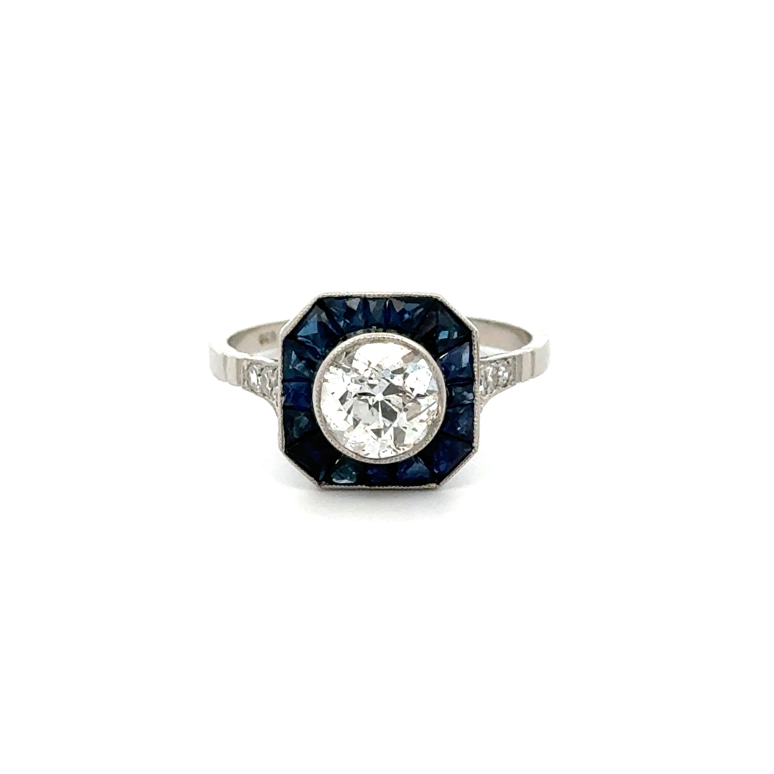 Platinum 1.18ct OEC Diamond, 1.50tcw Sapphire & .08tcw Diamond Milgrain Ring 3.9g, s