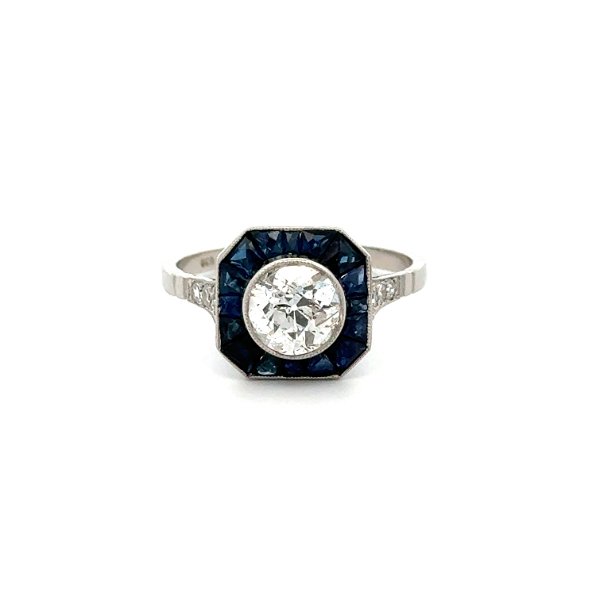 Closeup photo of Platinum 1.18ct OEC Diamond, 1.50tcw Sapphire & .08tcw Diamond Milgrain Ring 3.9g, s