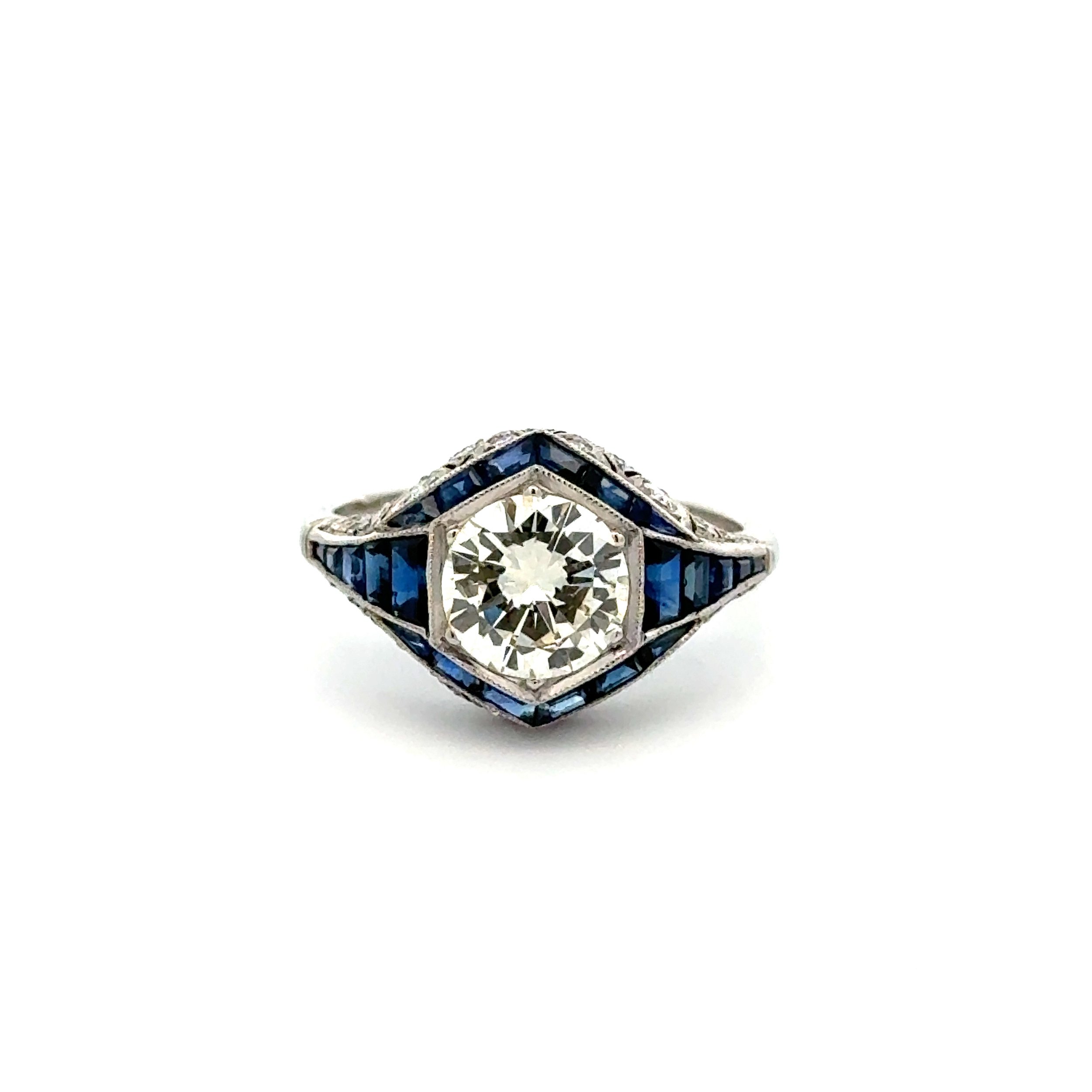 Platinum 1.48ct RBC Diamond, 1.76tcw Sapphire & .50tcw Diamond Filigree Milgrain Ring 5.1g, s