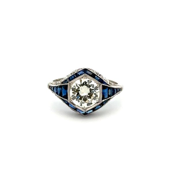 Closeup photo of Platinum 1.48ct RBC Diamond, 1.76tcw Sapphire & .50tcw Diamond Filigree Milgrain Ring 5.1g, s