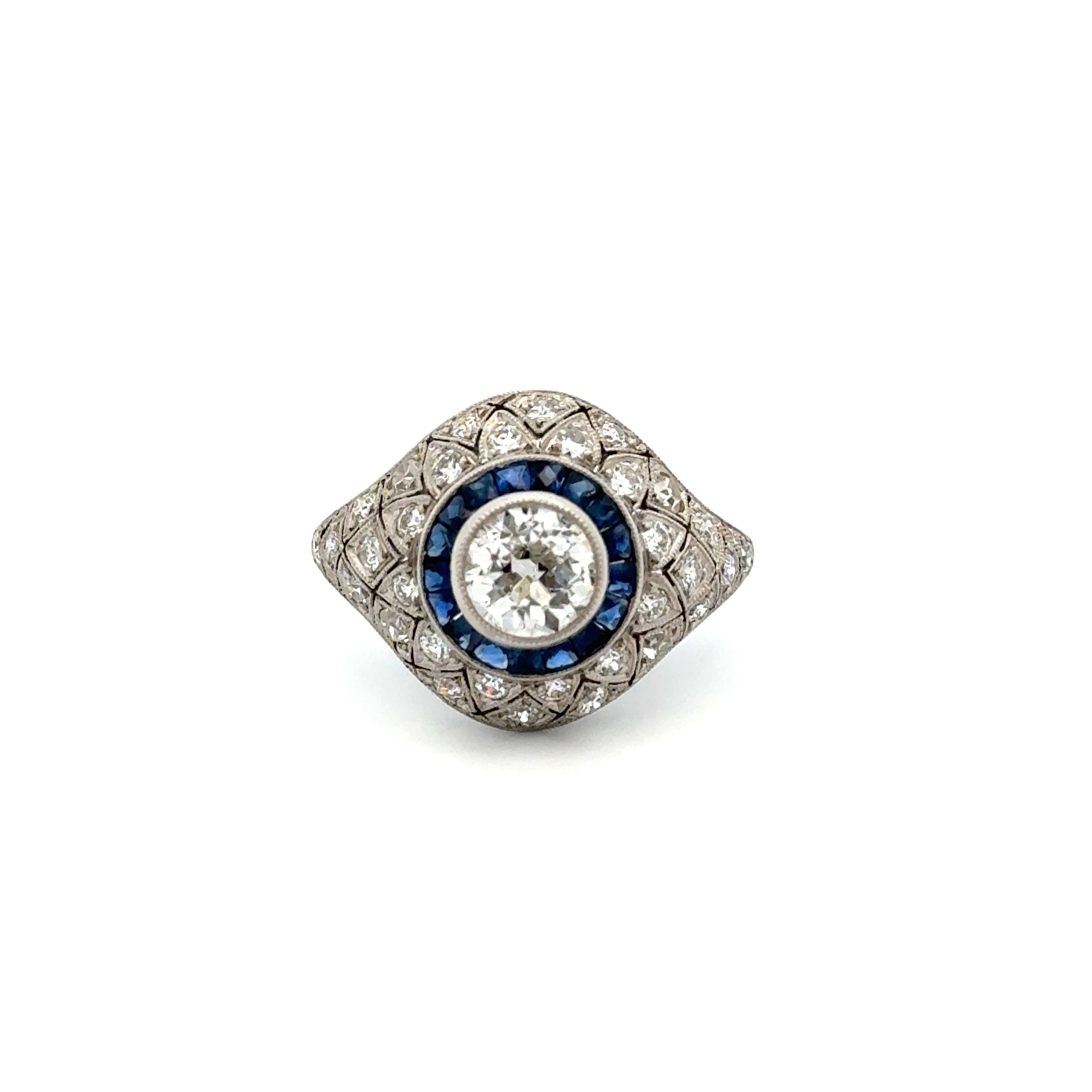Platinum .91ct OEC Diamond, .98tcw Sapphire & Diamond Filigree Milgrain Ring 5.2g, s7.25