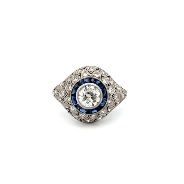 Closeup photo of Platinum .91ct OEC Diamond, .98tcw Sapphire & Diamond Filigree Milgrain Ring 5.2g, s7.25