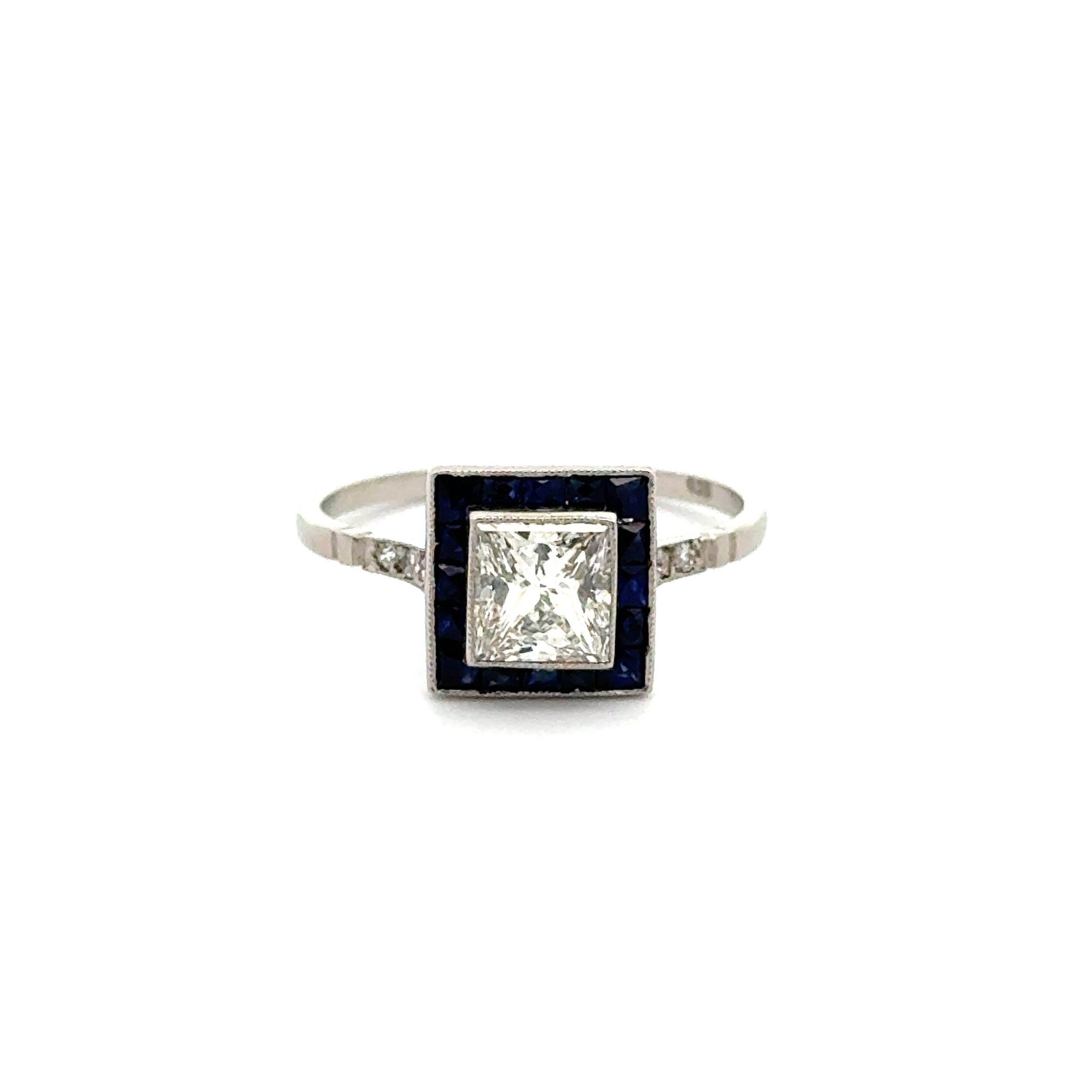 Platinum 1.02ct Princess Cut Diamond, .64tcw Sapphire & .06tcw RBC Diamond Milgrain Ring 2.7g, s7.25